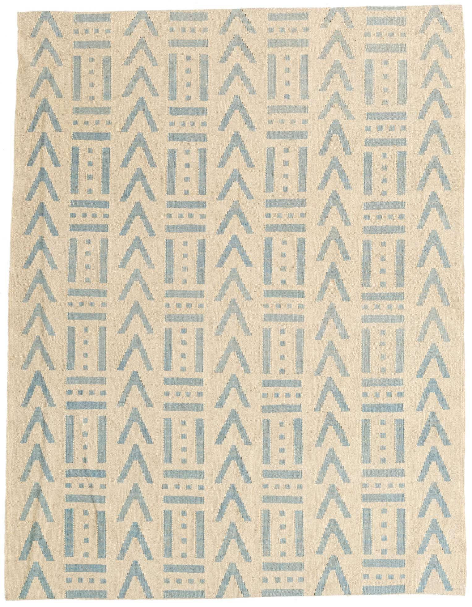 A 5x8 rectangular ivory flatweave wool rug with a repeating light blue tribal geometric pattern.