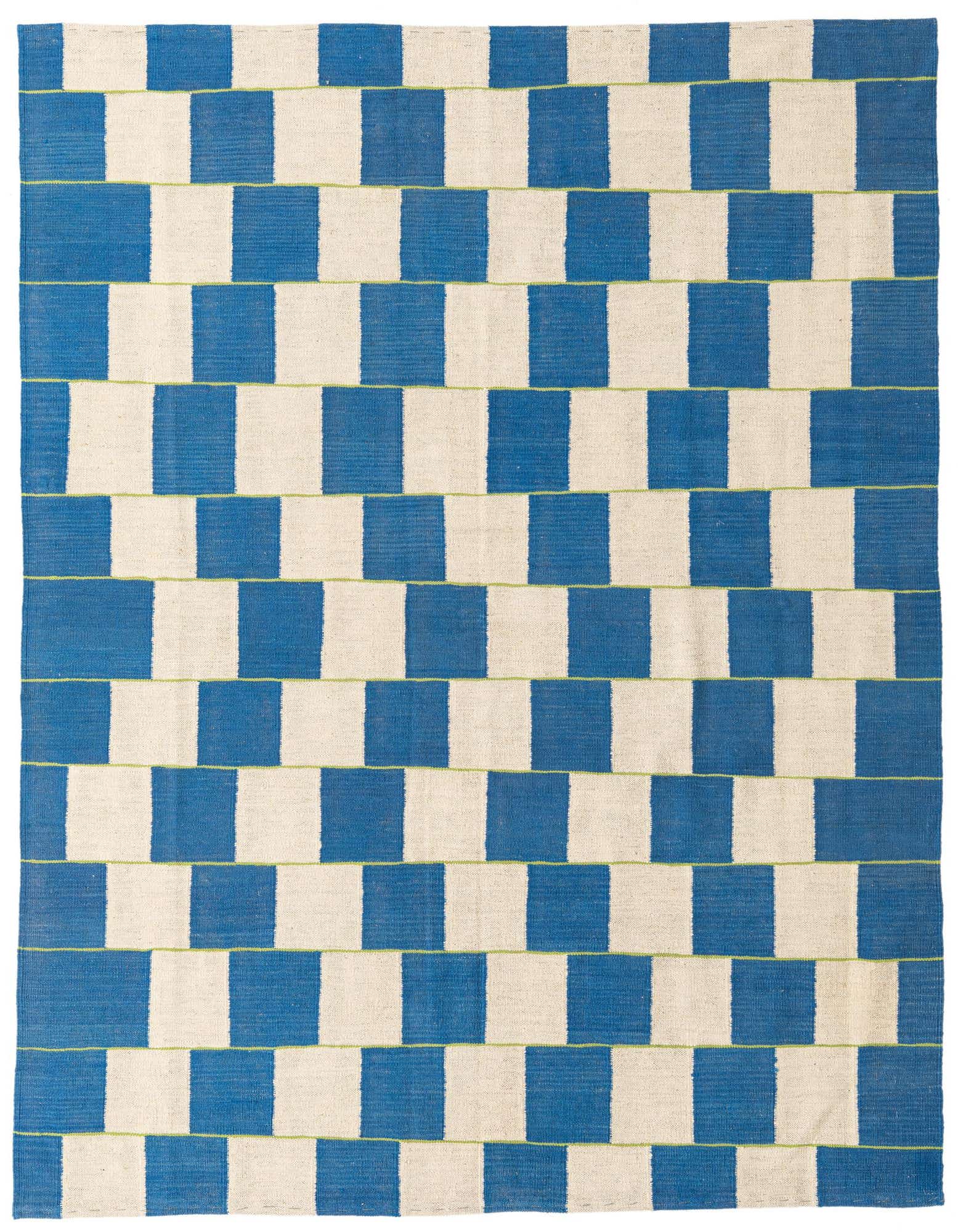 A 6x9 rectangular Kilim Modern wool rug featuring a bold checkerboard pattern of ivory and blue blocks.
