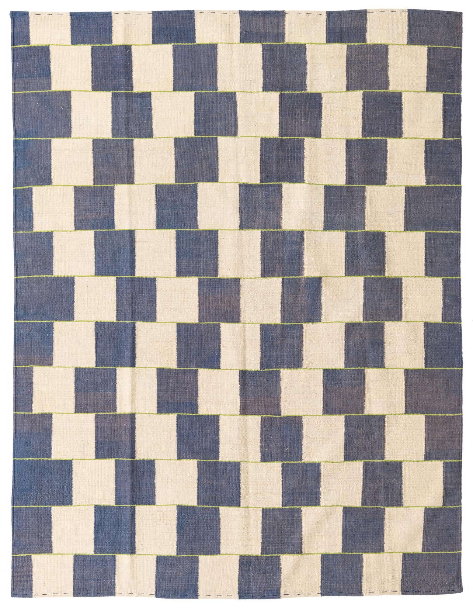 A 6x9 rectangular Kilim Modern rug with a bold pattern of alternating ivory and dark blue blocks, separated by thin lime green lines.