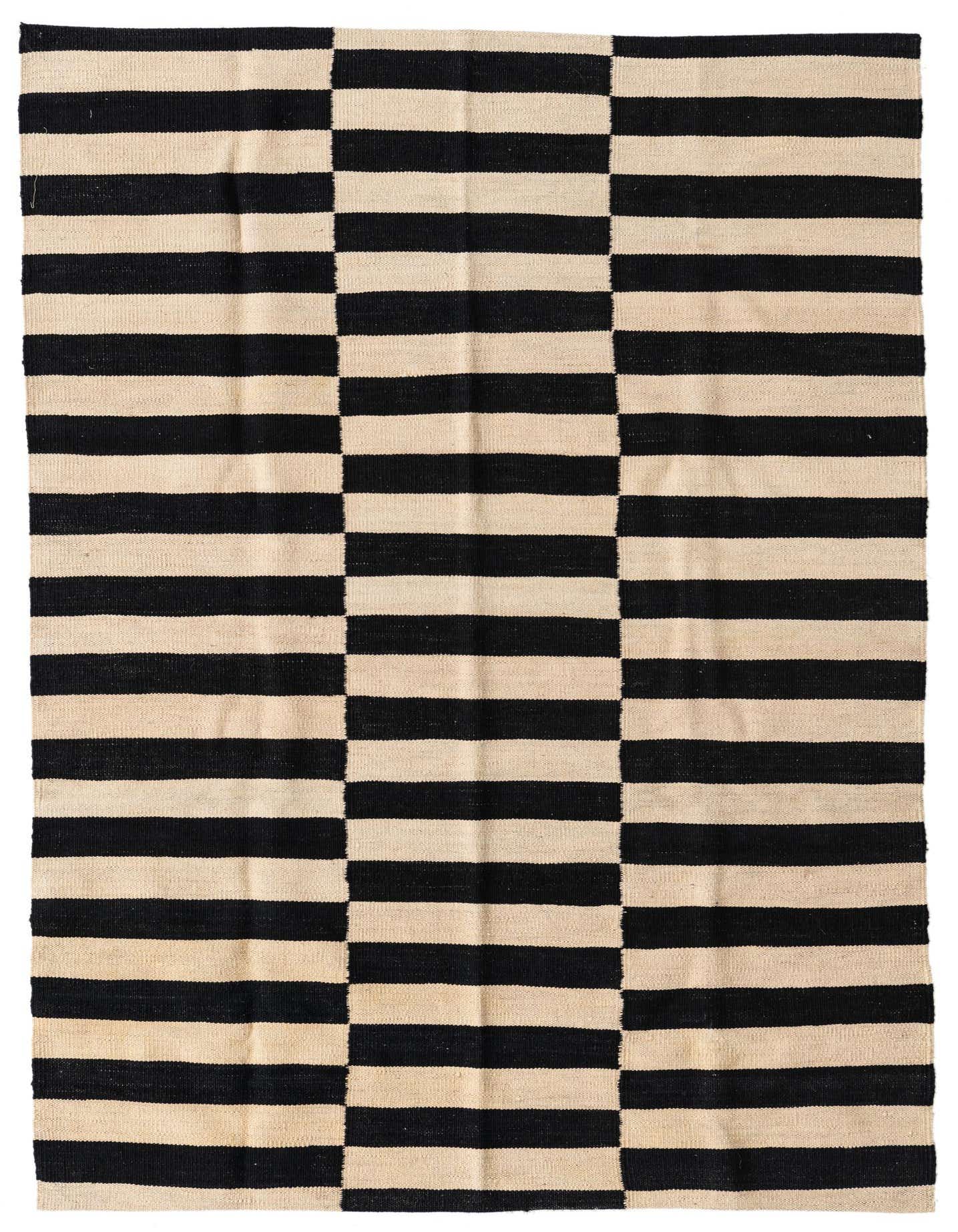 A 4x6 rectangular ivory and black flatweave rug with a modern striped and block pattern, ideal for a living room.