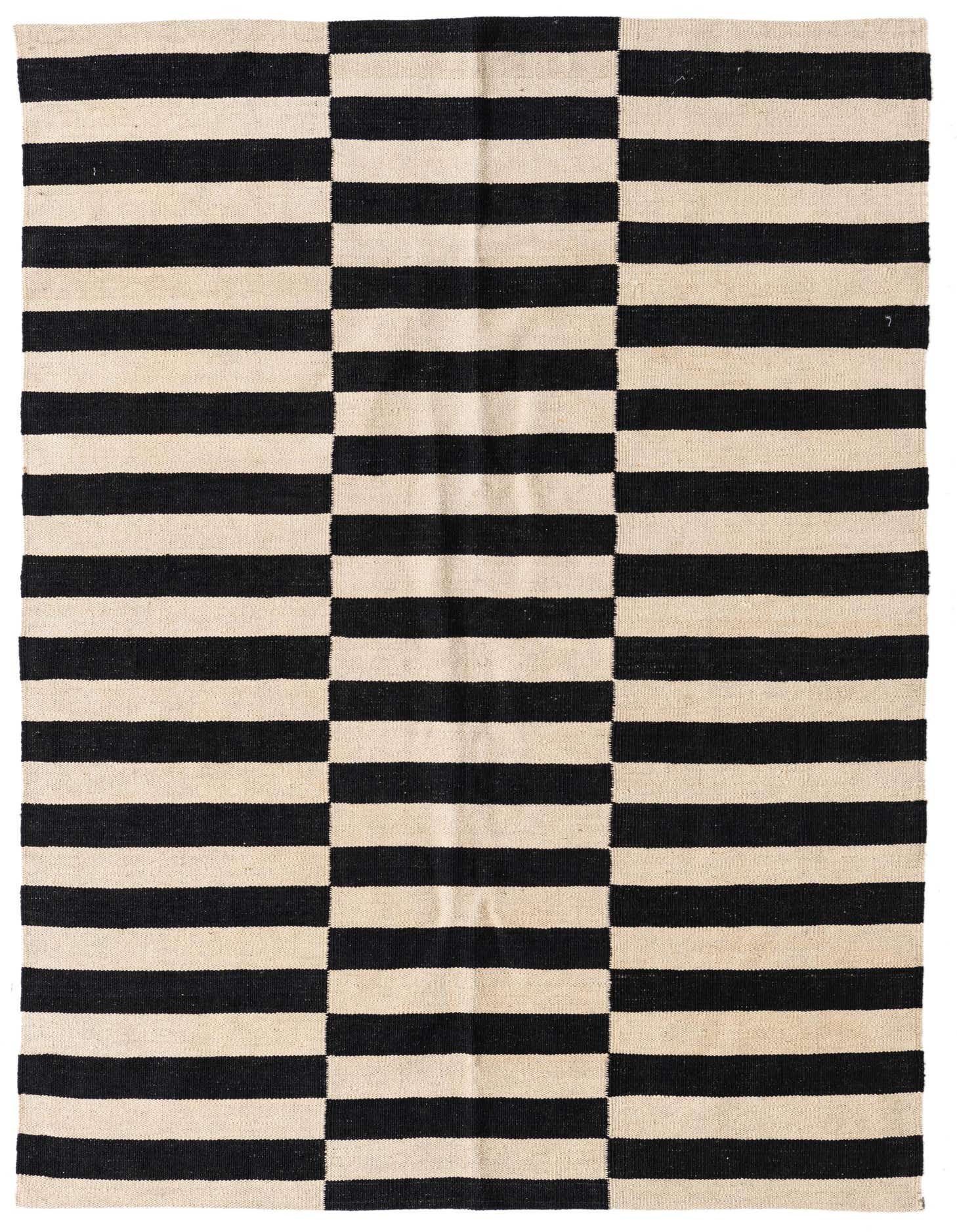A 4x6 rectangular Kilim Modern rug with a bold black and ivory striped pattern, perfect for a living room.