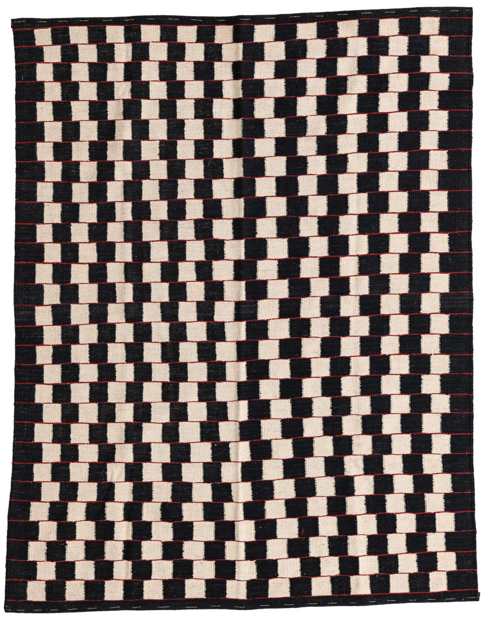 A 4x6 rectangular Kilim Modern wool rug featuring a bold black and ivory checkerboard pattern with subtle red accents.