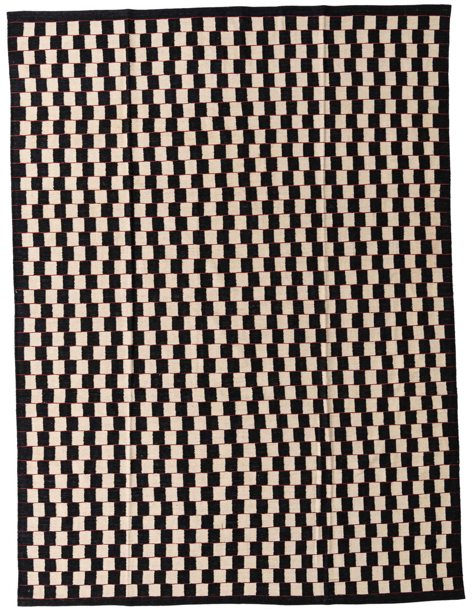 An 8x11 rectangular Kilim Modern rug with a bold black and ivory checkerboard pattern, featuring subtle red accents, suitable for a living room.