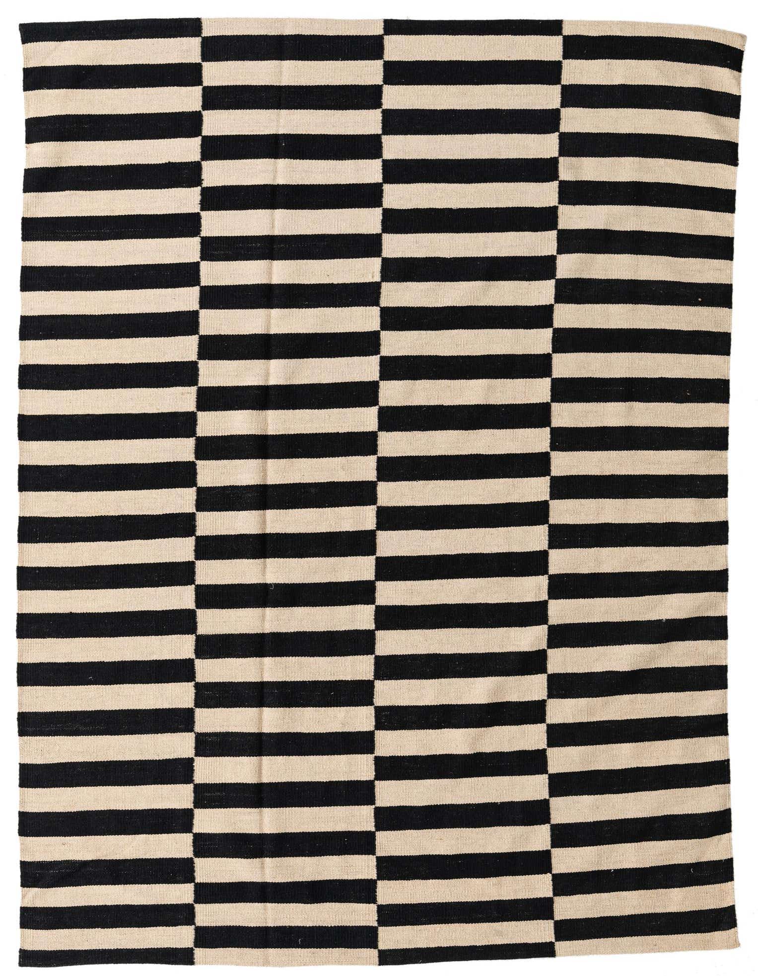 A 5x8 rectangular Kilim Modern area rug with a bold black and ivory striped pattern, perfect for a living room.