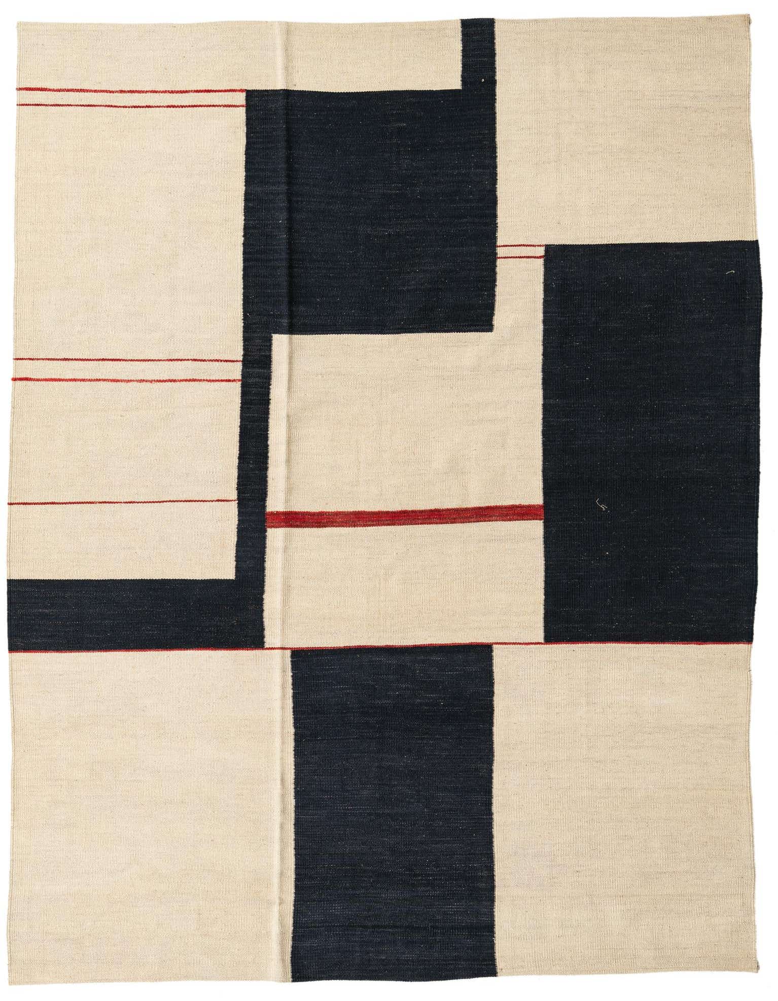 A 6x9 rectangular flatweave rug featuring an abstract tribal pattern in ivory, black, and thin red lines.