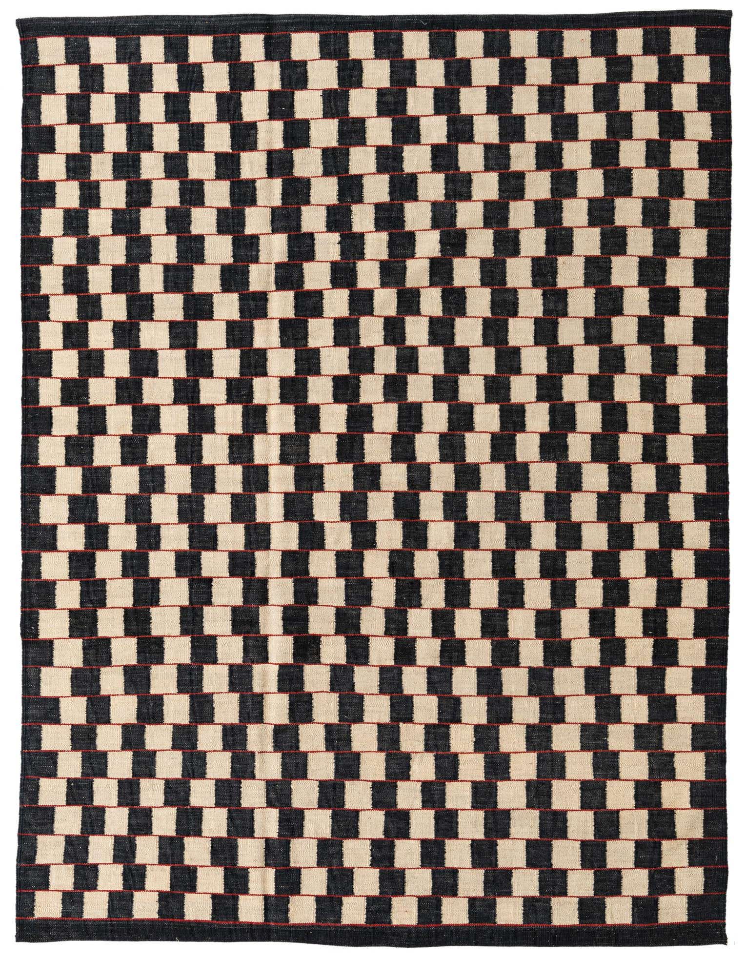 A 5x8 rectangular Kilim Modern rug featuring a bold checkerboard pattern in black and cream, with subtle red accents, ideal for a living room.