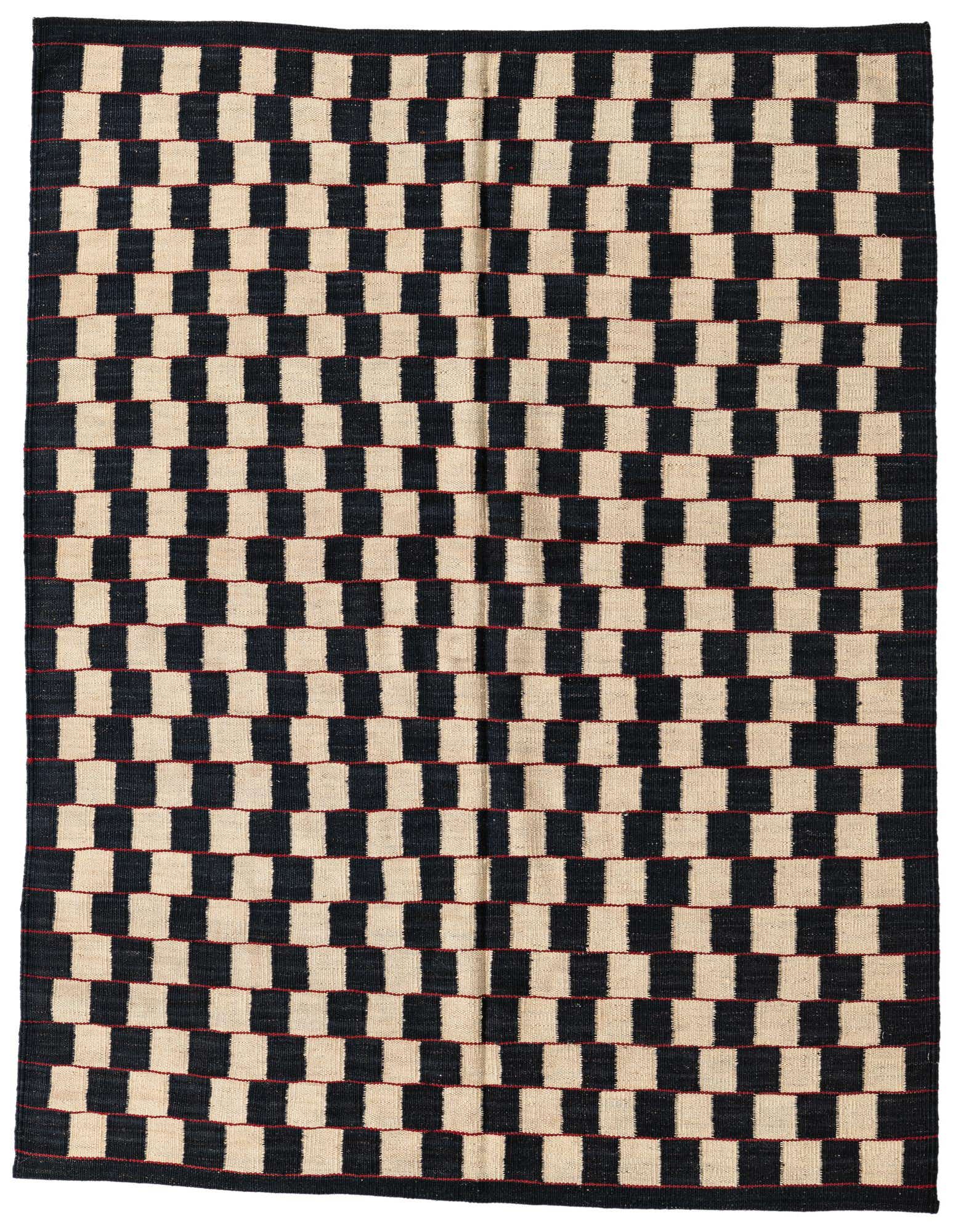 A 4x6 rectangular flatweave rug featuring a bold checkerboard pattern in black and ivory with thin red lines.