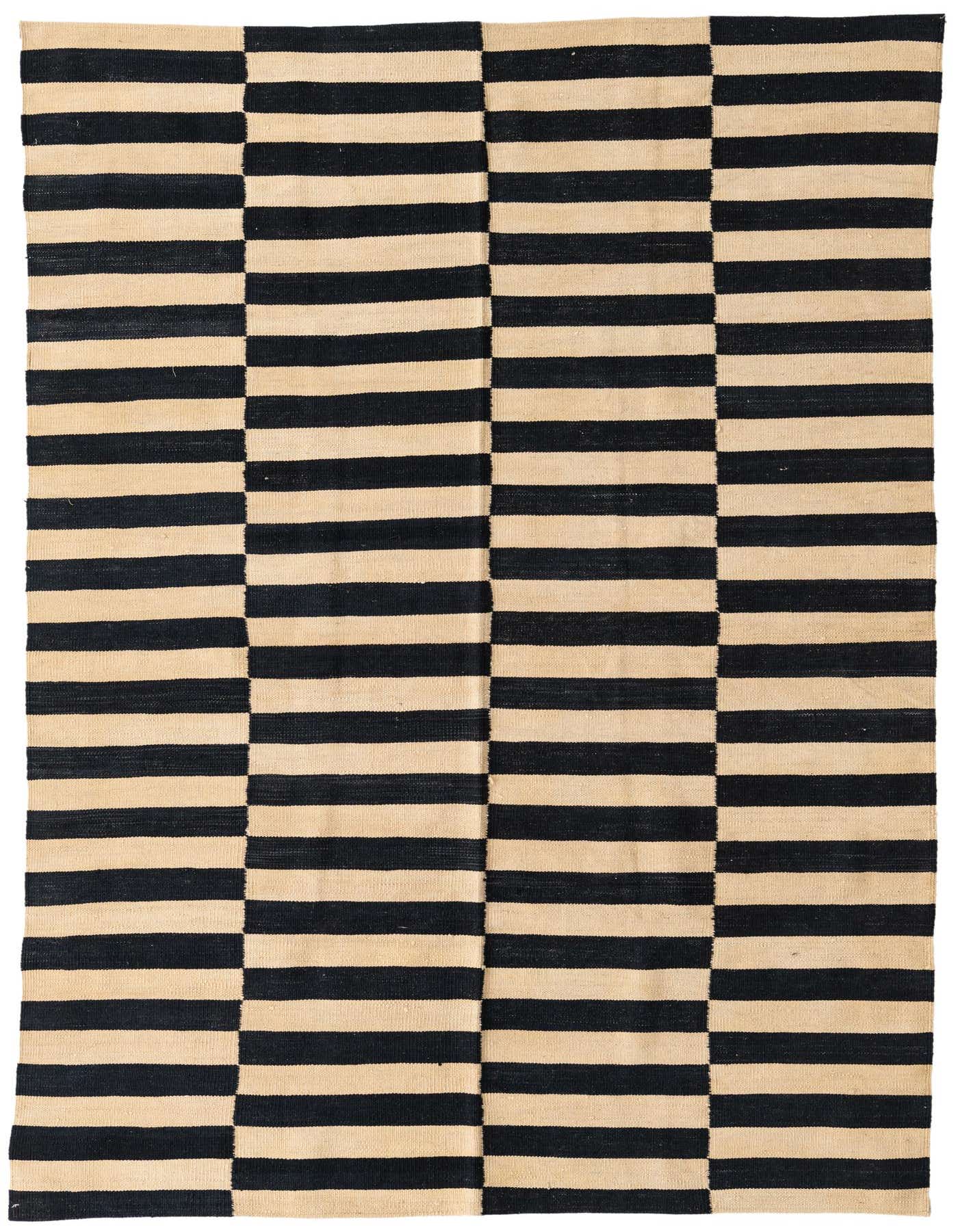 A 5x8 rectangular Kilim Modern rug with a bold, alternating black and ivory stripe pattern, handmade from wool.