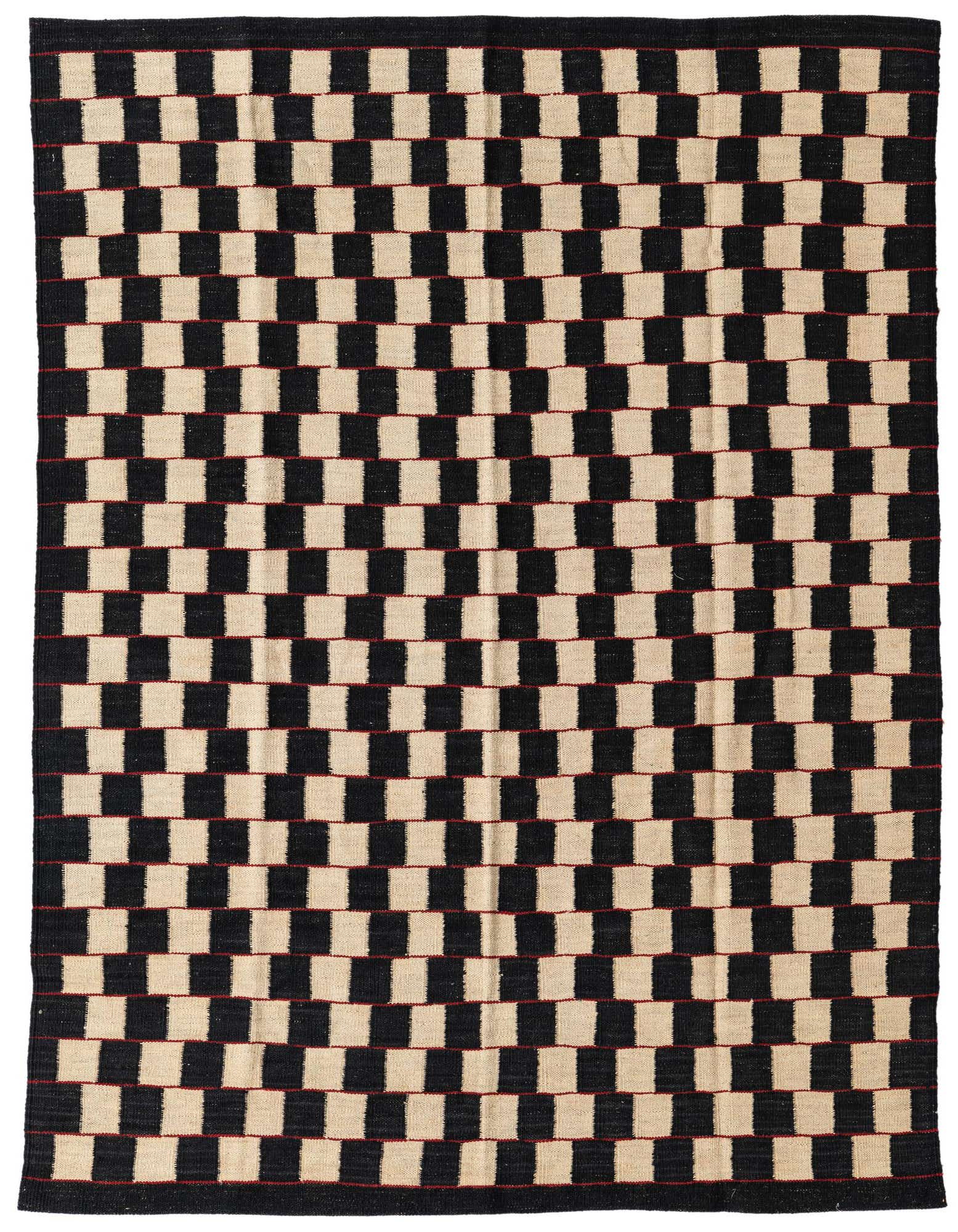 A 5x8 rectangular flatweave rug with a bold checkerboard pattern in black and ivory, featuring subtle red accents between the squares.