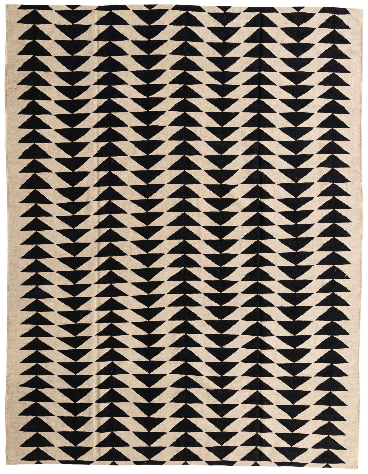 An 8x10 rectangular flatweave rug with a modern tribal pattern of black triangles on an ivory background.
