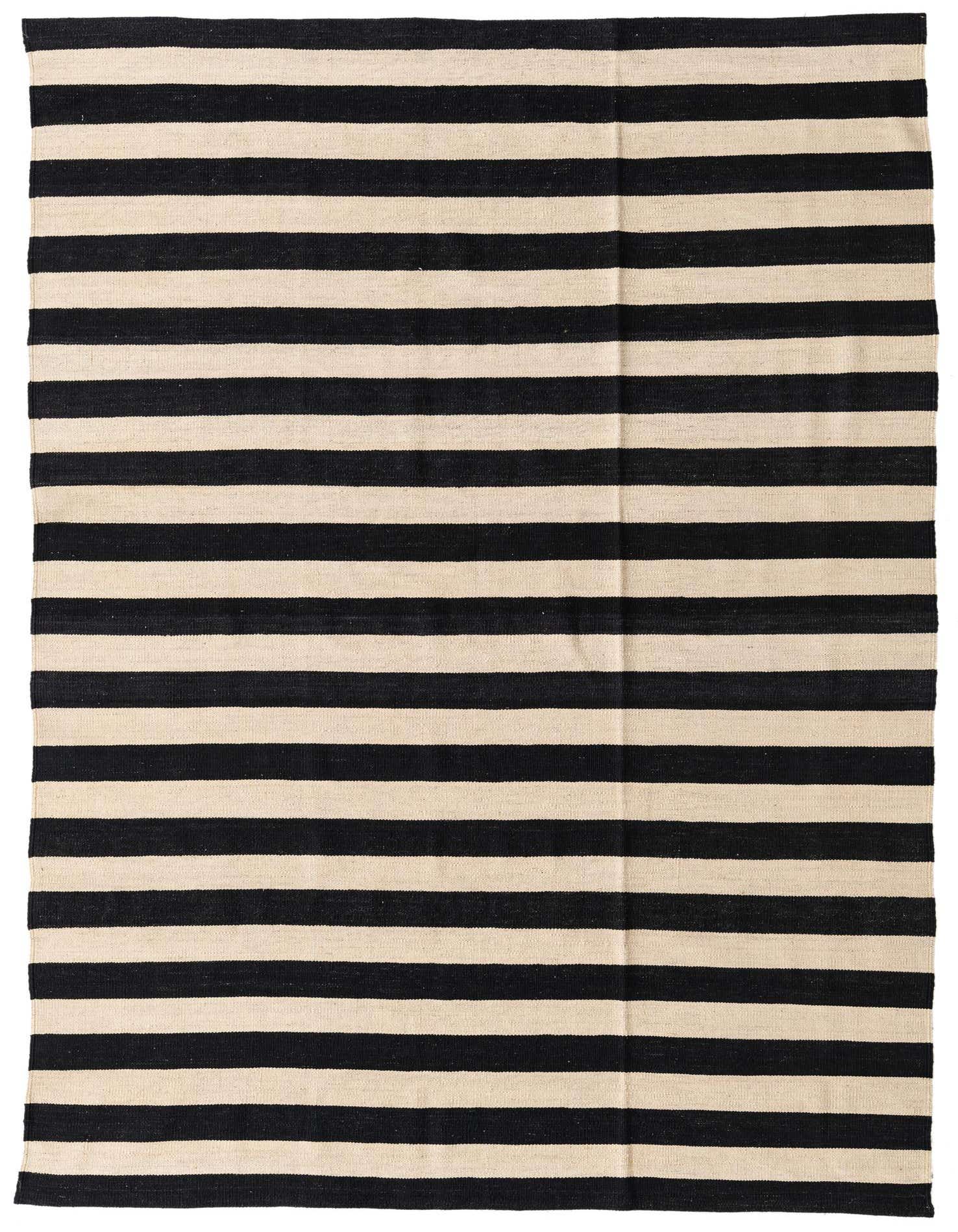 A 5x8 rectangular Kilim Modern rug with alternating black and ivory horizontal stripes, made of flatweave wool.
