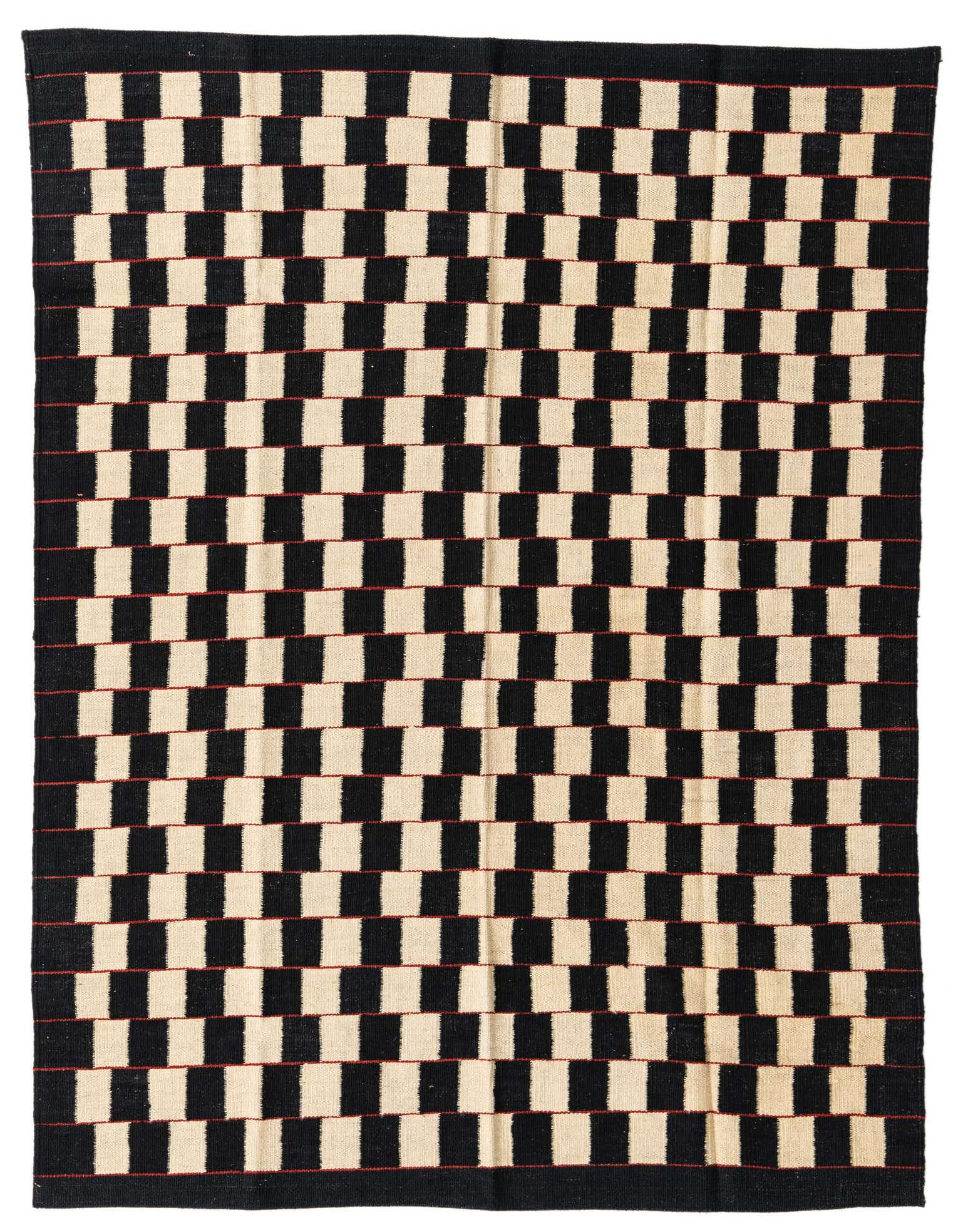 A 4x6 rectangular flatweave wool rug featuring a bold checkerboard pattern of black and cream squares, with thin red lines separating the rows.