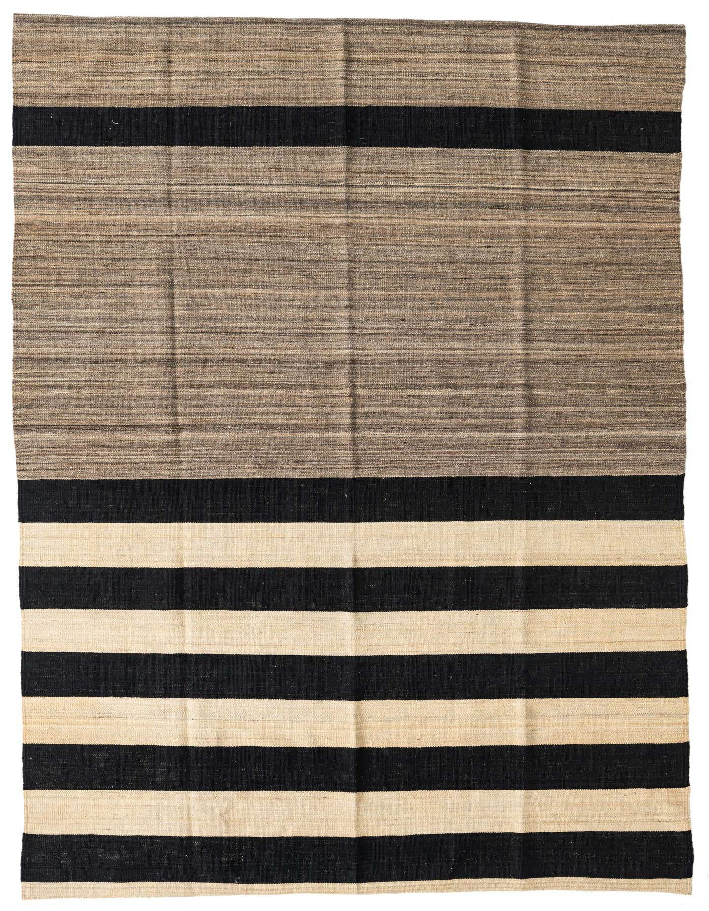 A 5x8 rectangular Kilim Modern wool rug featuring a flatweave with a large ivory and black striped pattern at the bottom, transitioning to a solid black stripe and then a textured cream and brown top section.