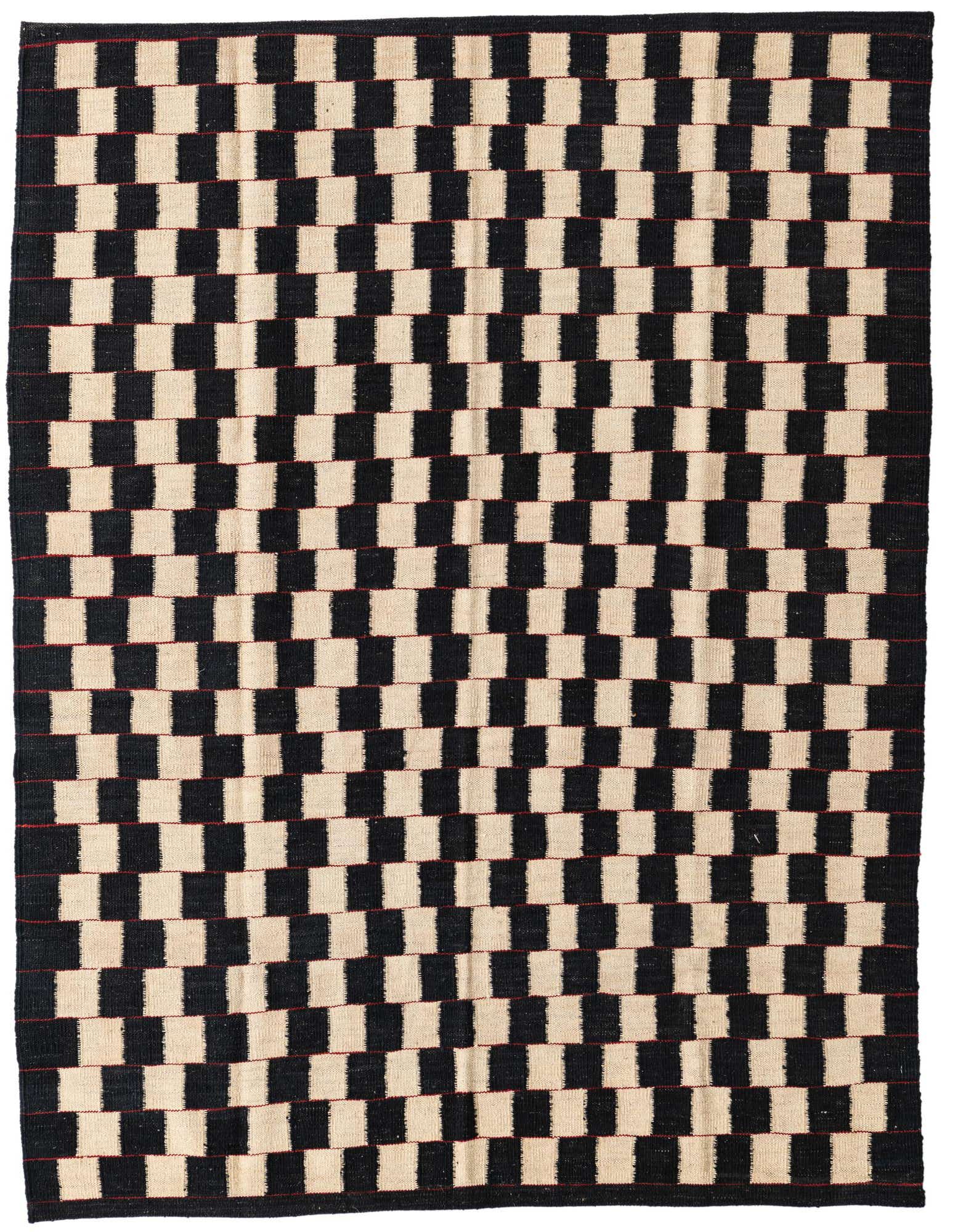 A 5x8 rectangular Kilim Modern rug with a black and ivory checkerboard pattern, featuring thin red horizontal lines.