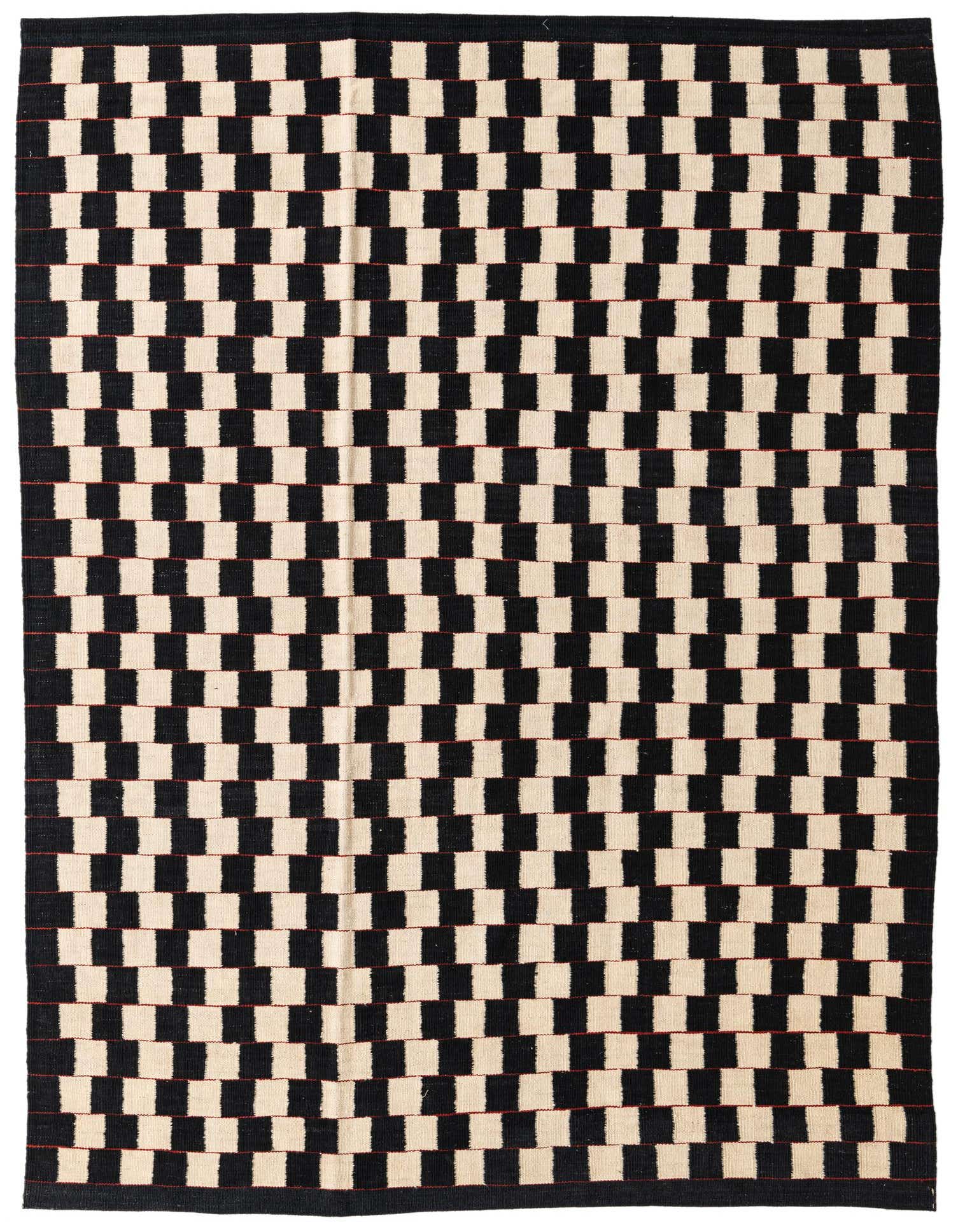 A 5x8 rectangular Kilim Modern rug with an abstract checkerboard pattern in black and ivory, handmade from wool.