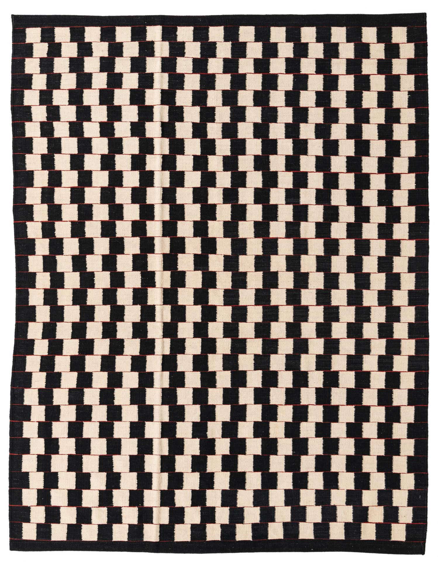 A 5x8 rectangular Kilim Modern rug with a black and ivory checkerboard pattern, featuring thin red horizontal lines.