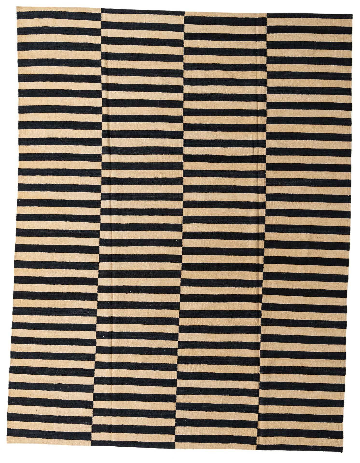 An 8x11 rectangular Kilim Modern rug with alternating horizontal stripes of black and cream, creating a bold, modern tribal pattern.
