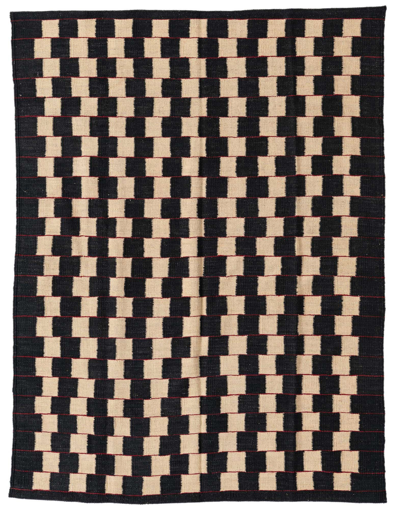 A 4x6 rectangular Kilim Modern wool rug featuring an ivory and black checkerboard pattern with subtle red lines.