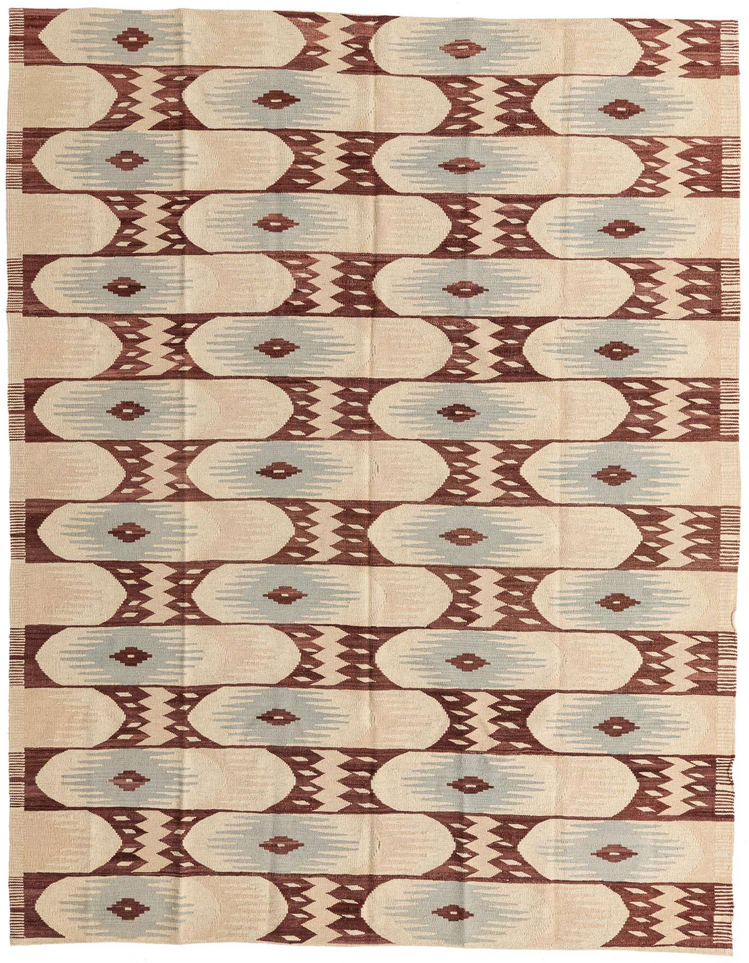 A 7x10 rectangular flatweave rug with a modern tribal pattern in ivory, cream, light blue, and brown.
