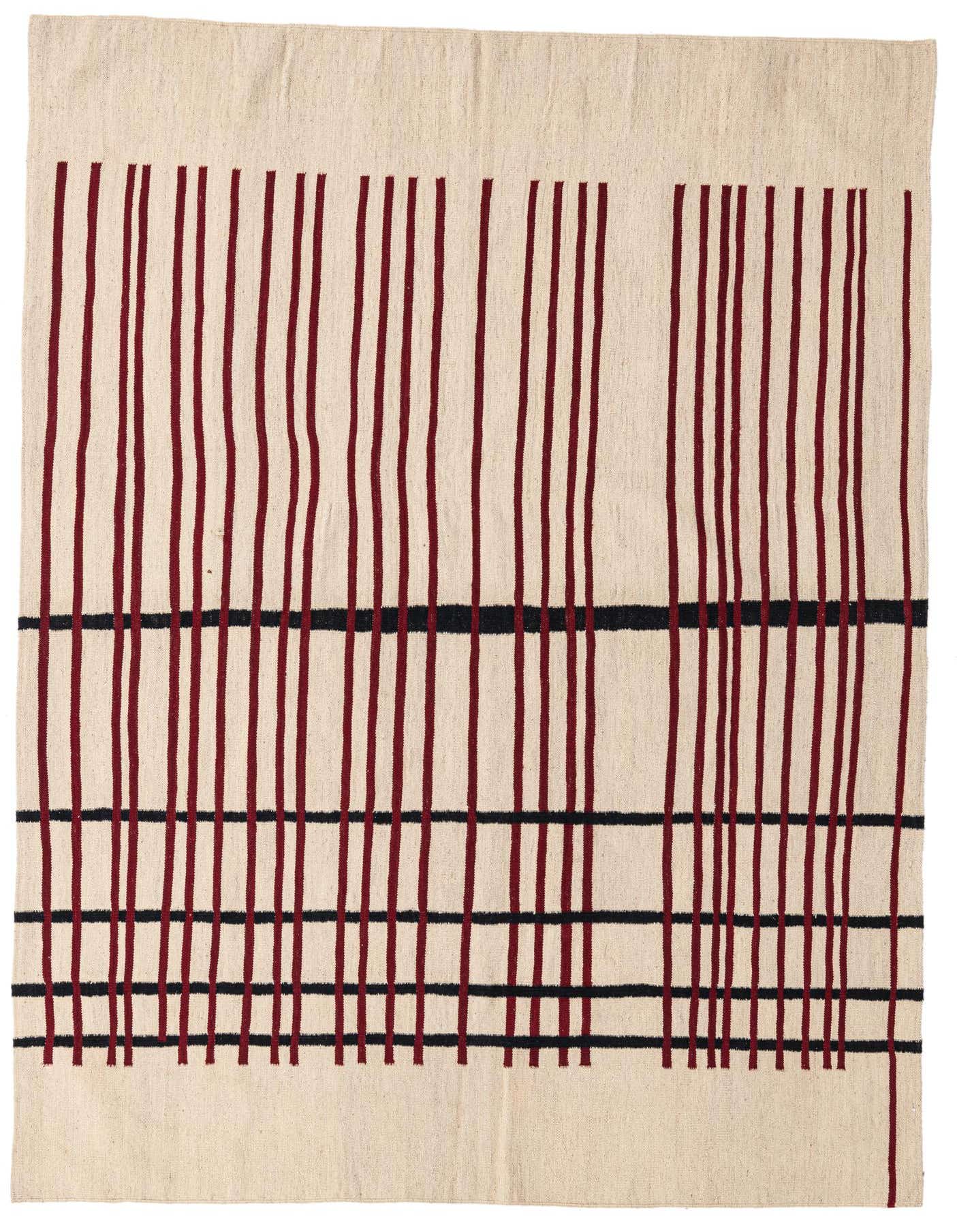 A 5x8 rectangular ivory flatweave wool rug with thin vertical red and horizontal black tribal stripes.