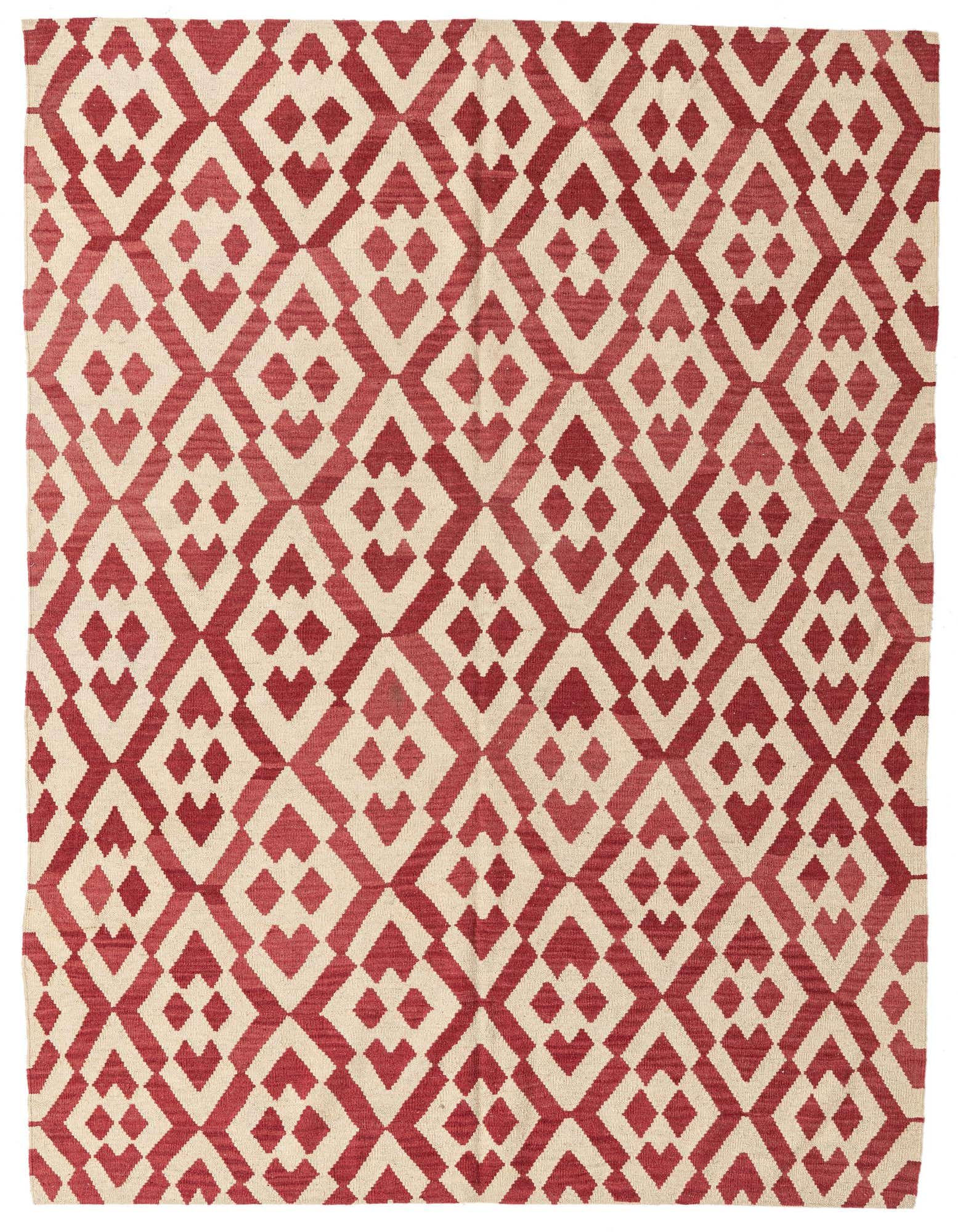 A 6x9 rectangular flatweave rug with a tribal geometric pattern in shades of ivory and deep red.