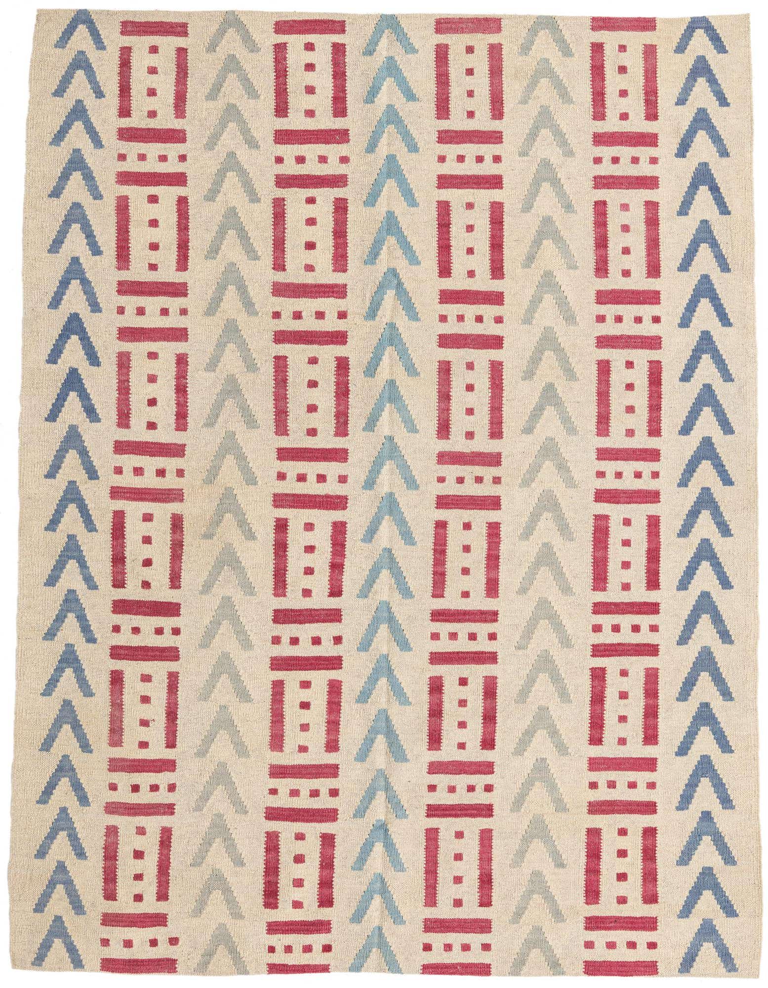 A 5x8 rectangular ivory flatweave rug with a modern tribal pattern of vertical red rectangular bars and blue arrow-like motifs.