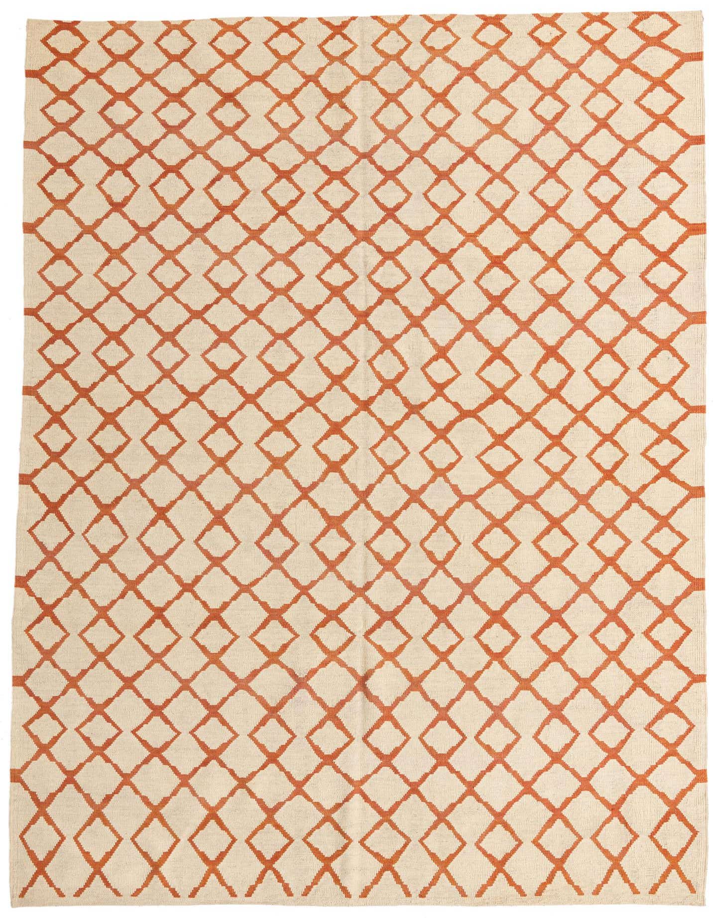 A 7x10 rectangular flatweave wool rug featuring an all-over tribal diamond pattern in burnt orange on an ivory background.