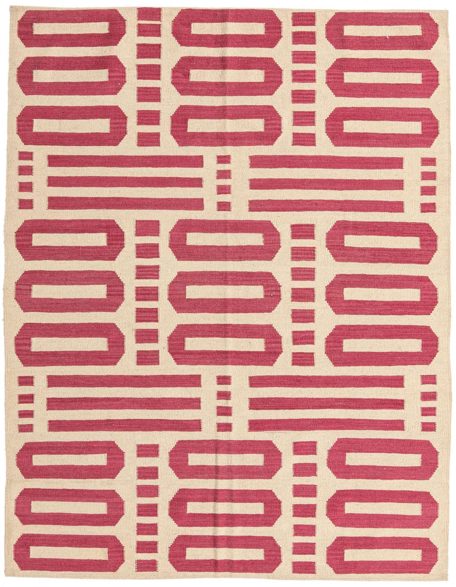 A 5x8 rectangular Kilim Modern rug with a bold tribal pattern in ivory and deep red, featuring geometric shapes and stripes.