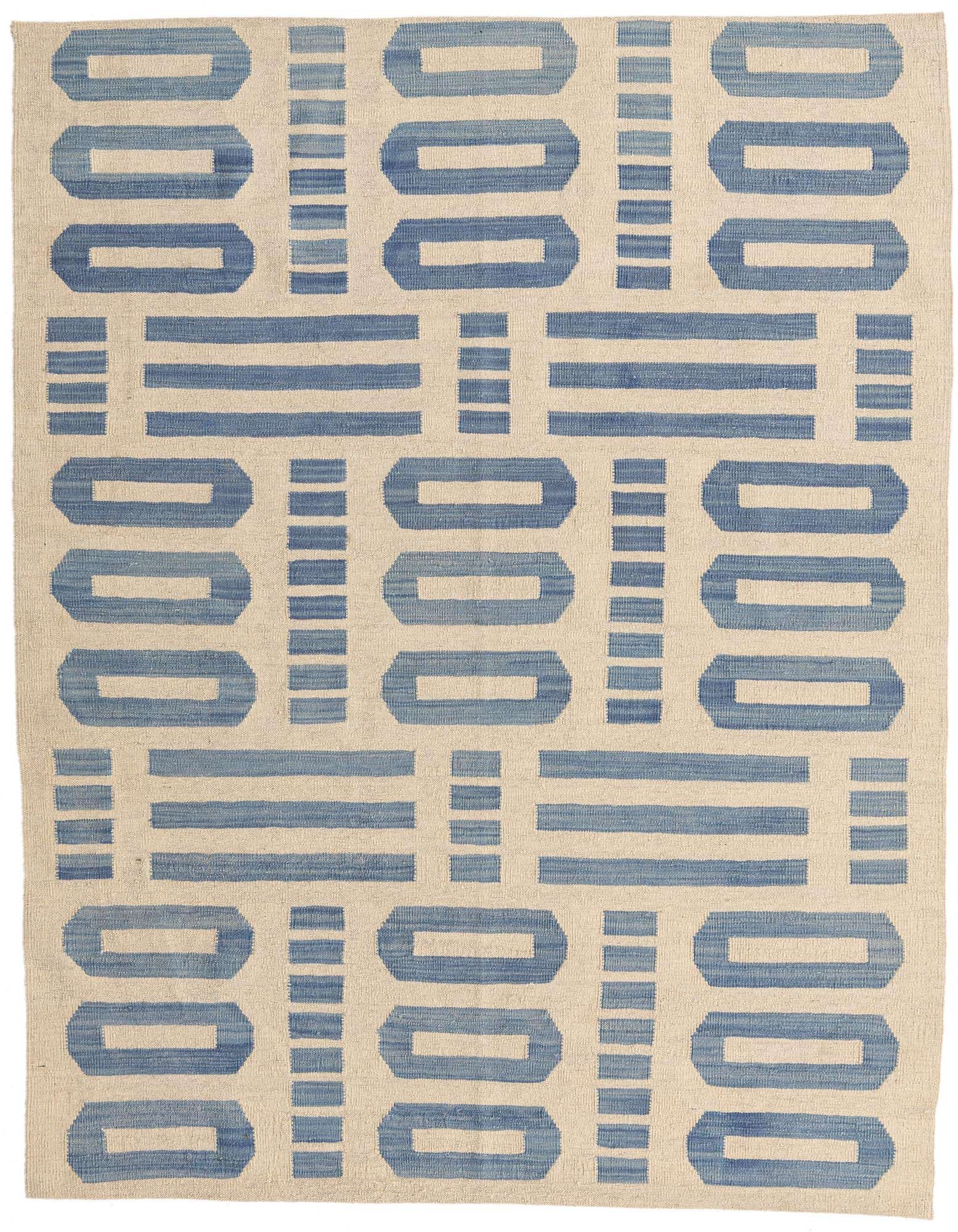 A 5x8 rectangular ivory and blue flatweave rug with a modern tribal pattern of interlocking rectangles and horizontal lines.