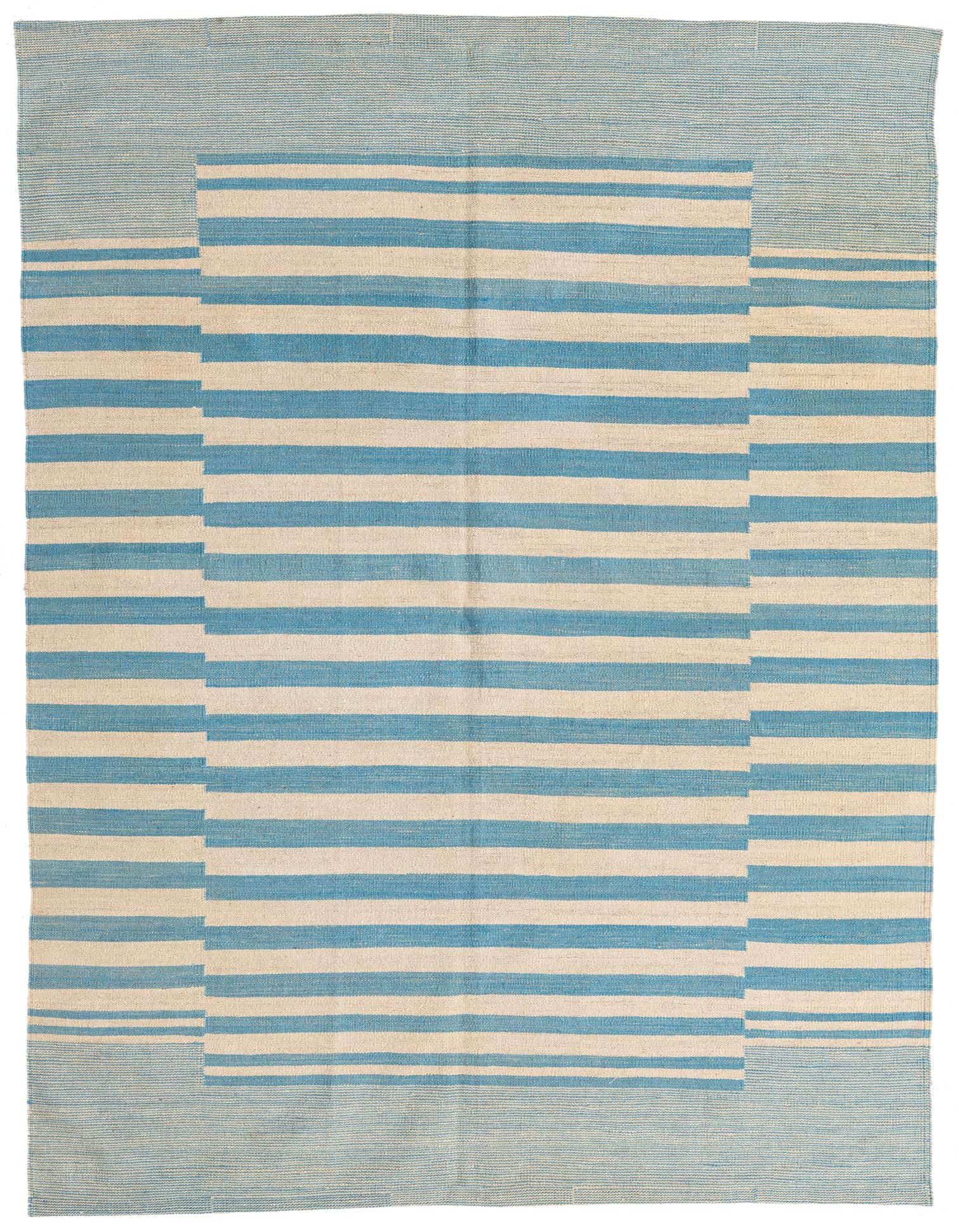 A 5x8 rectangular Kilim Modern rug with a central ivory and light blue striped pattern, framed by a solid light blue border.