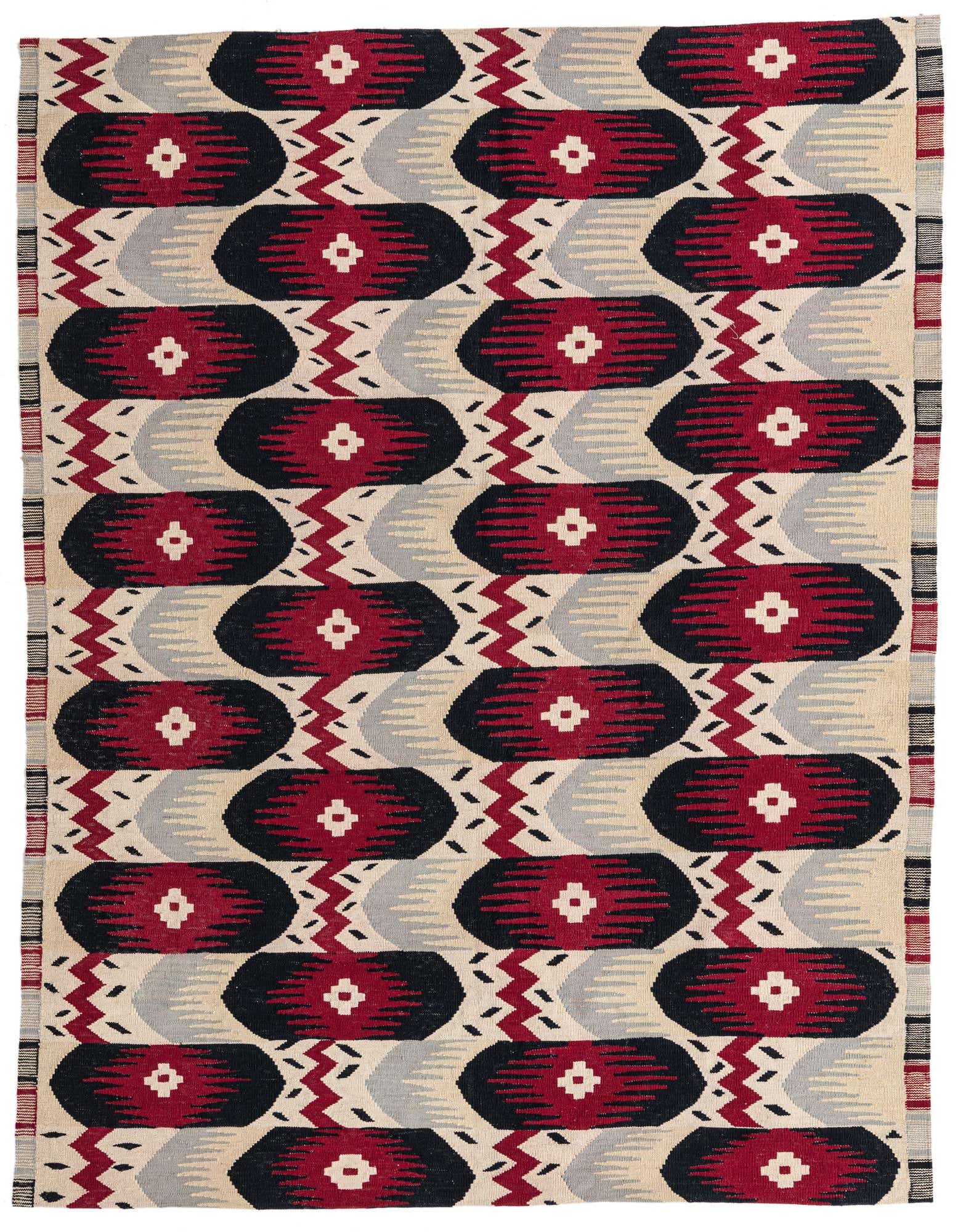 A 6x9 rectangular Kilim Modern wool rug featuring a tribal pattern in ivory, red, black, and gray.