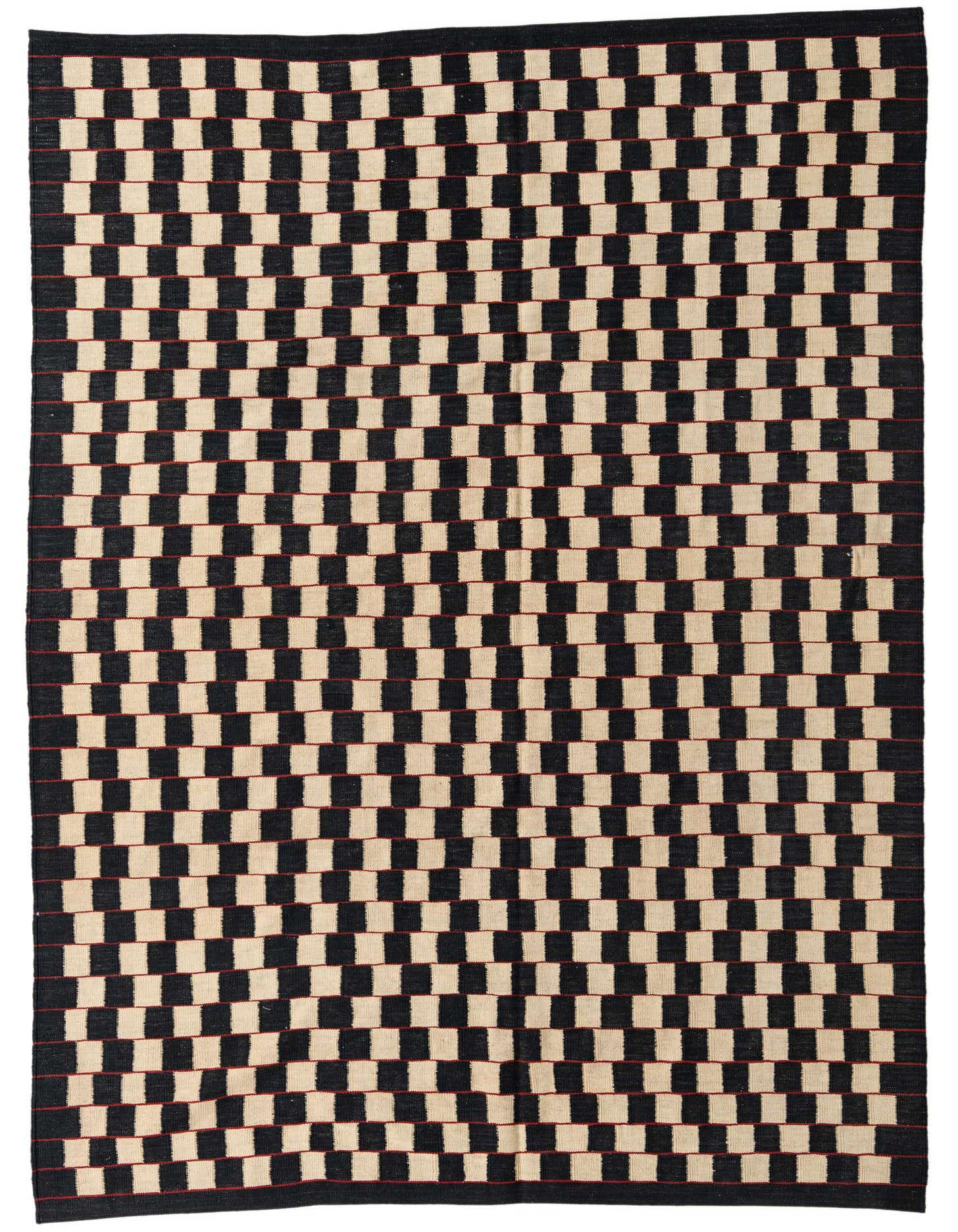 A 6x9 rectangular flatweave rug with a tribal checkerboard pattern in black and ivory, featuring thin red horizontal lines.