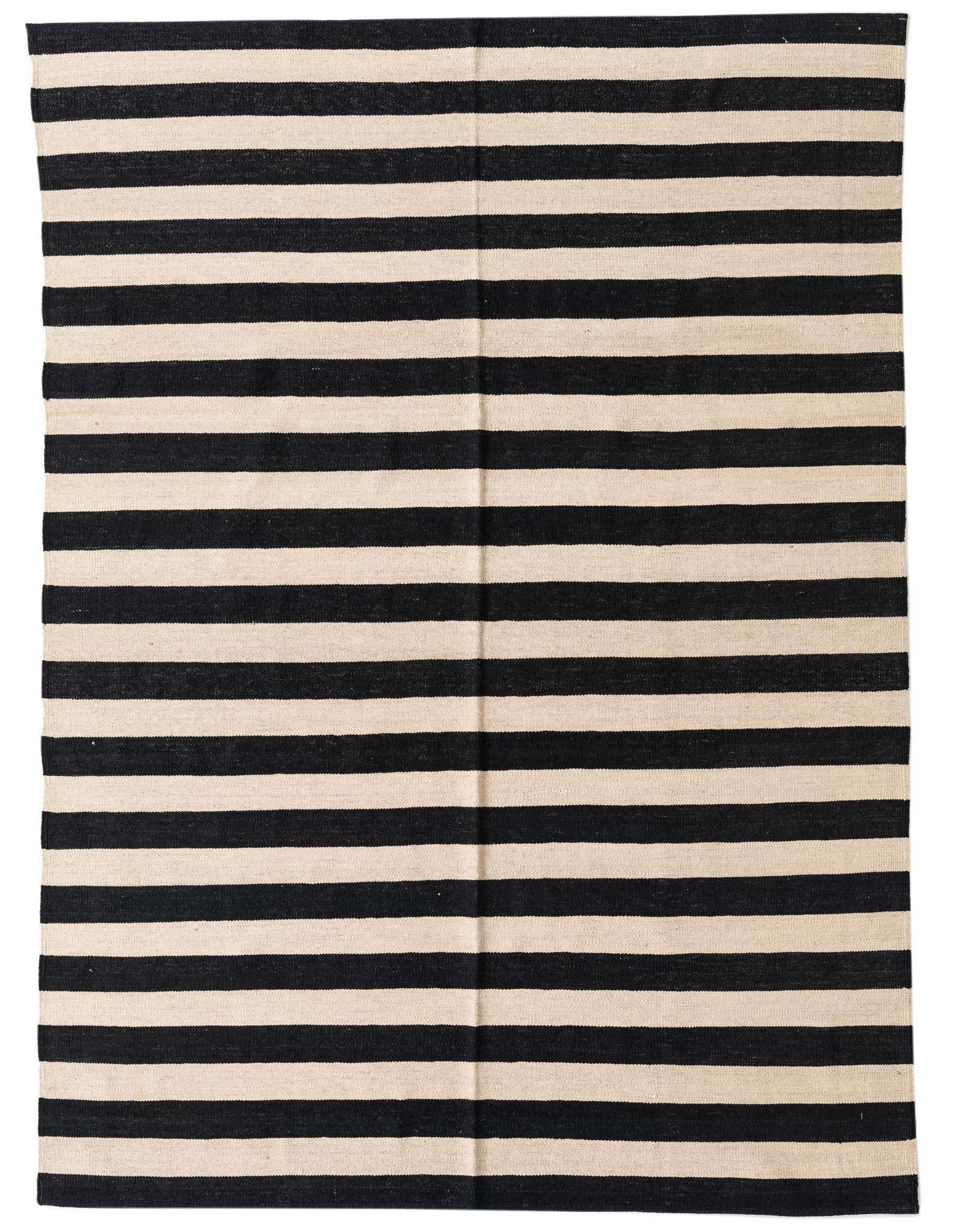 A 5x8 rectangular Kilim Modern rug with bold horizontal stripes in ivory and black, showcasing its flatweave texture.