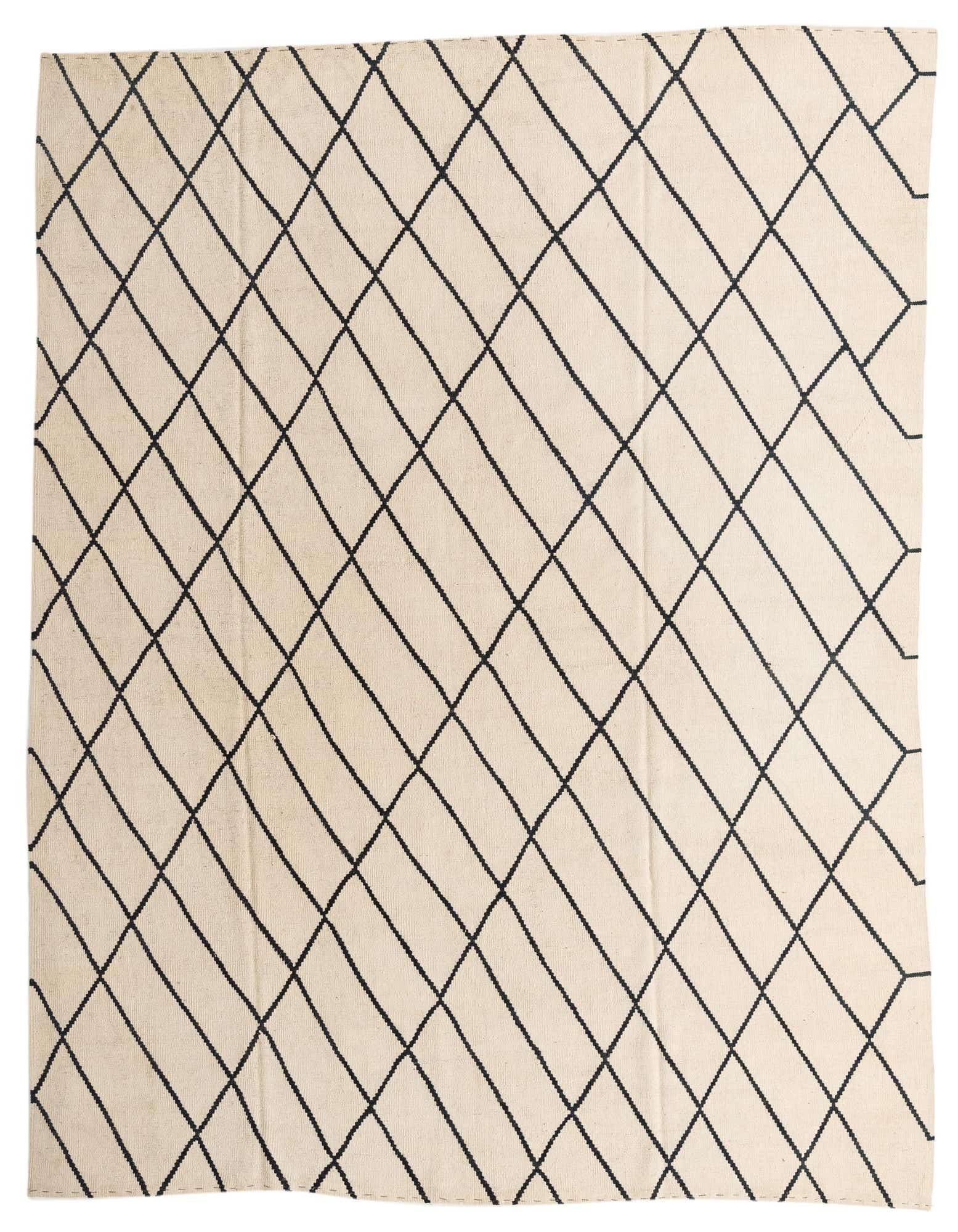 An 8x10 rectangular ivory flatweave rug with a black tribal diamond pattern, ideal for a living room.