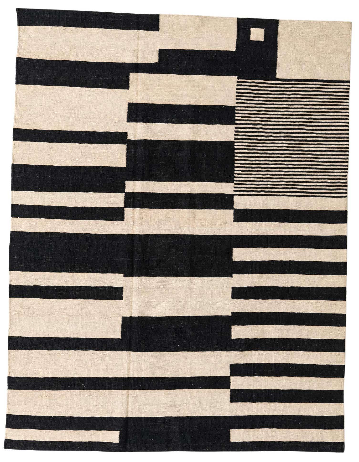 A 5x8 rectangular ivory and black flatweave rug with a modern tribal pattern of thick horizontal stripes and abstract blocks.