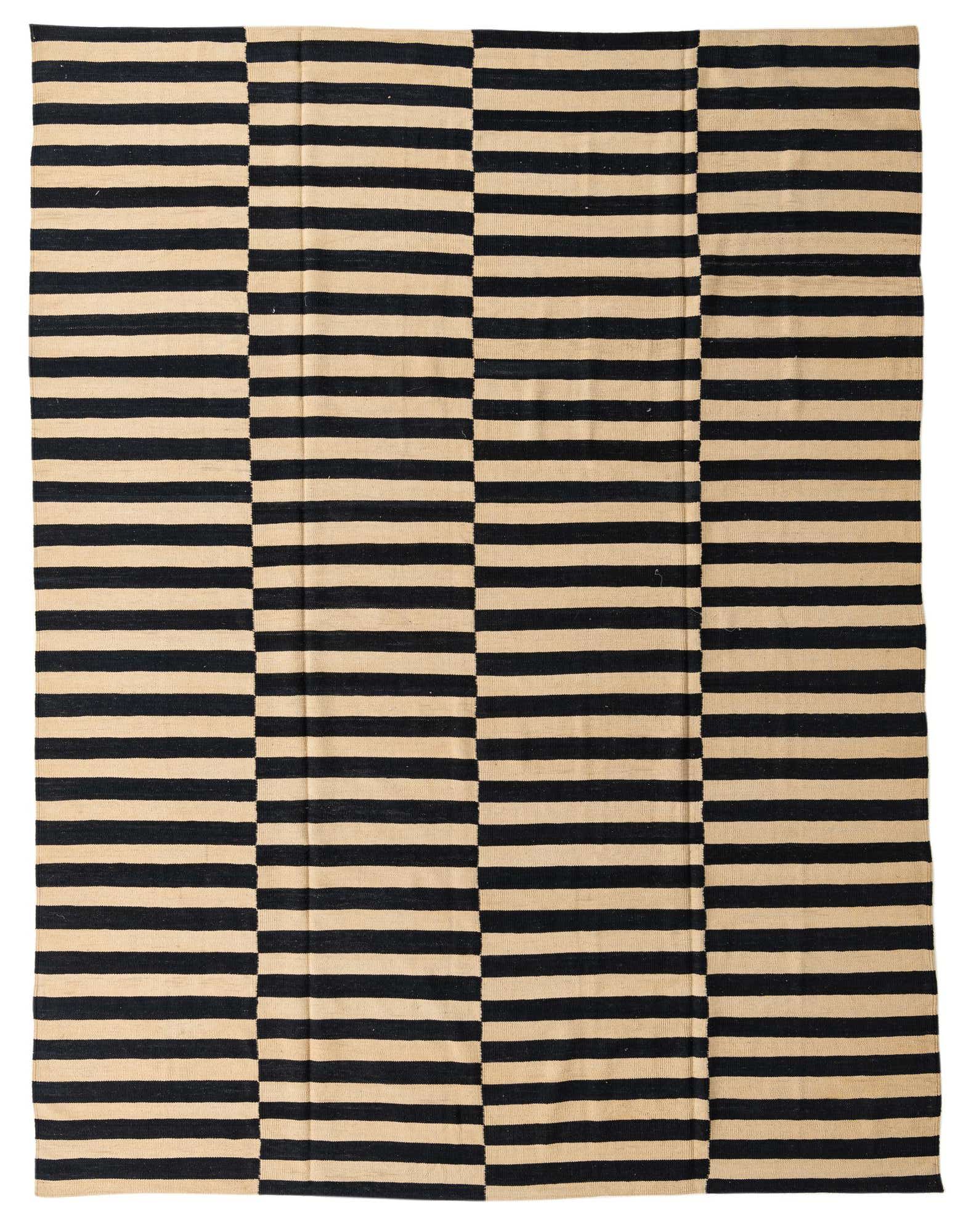 A large 8x11 rectangular Kilim Modern rug with alternating black and ivory horizontal stripes creating a bold, modern tribal pattern.