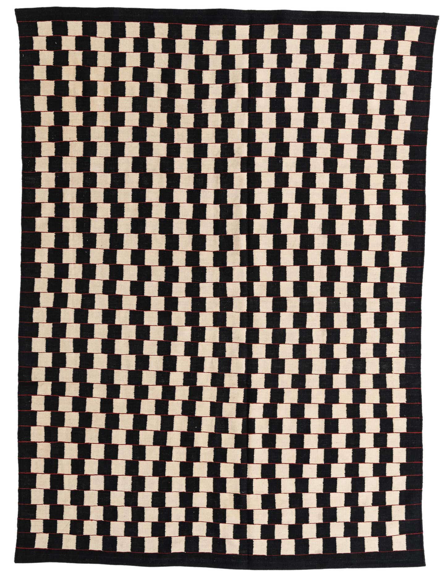 A 6x9 rectangular Kilim Modern wool rug featuring a bold black and ivory checkerboard pattern with subtle red accents.