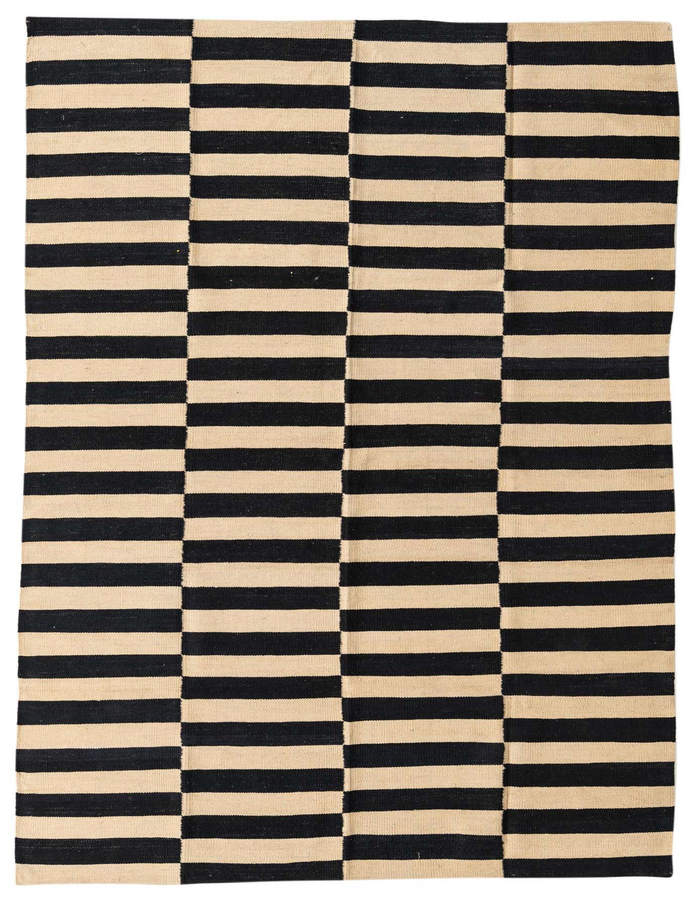 A 5x8 rectangular Kilim Modern rug with a bold black and ivory striped pattern, perfect for a living room.