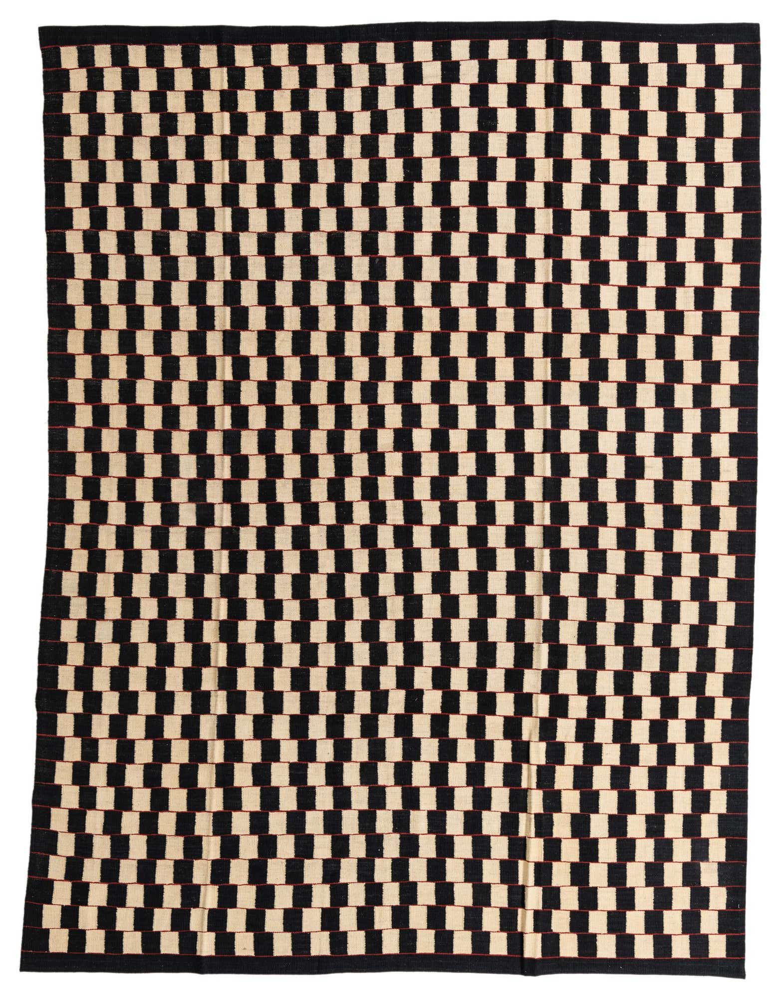 An 8x10 rectangular flatweave rug featuring a bold black and ivory checkerboard pattern with subtle red accents.