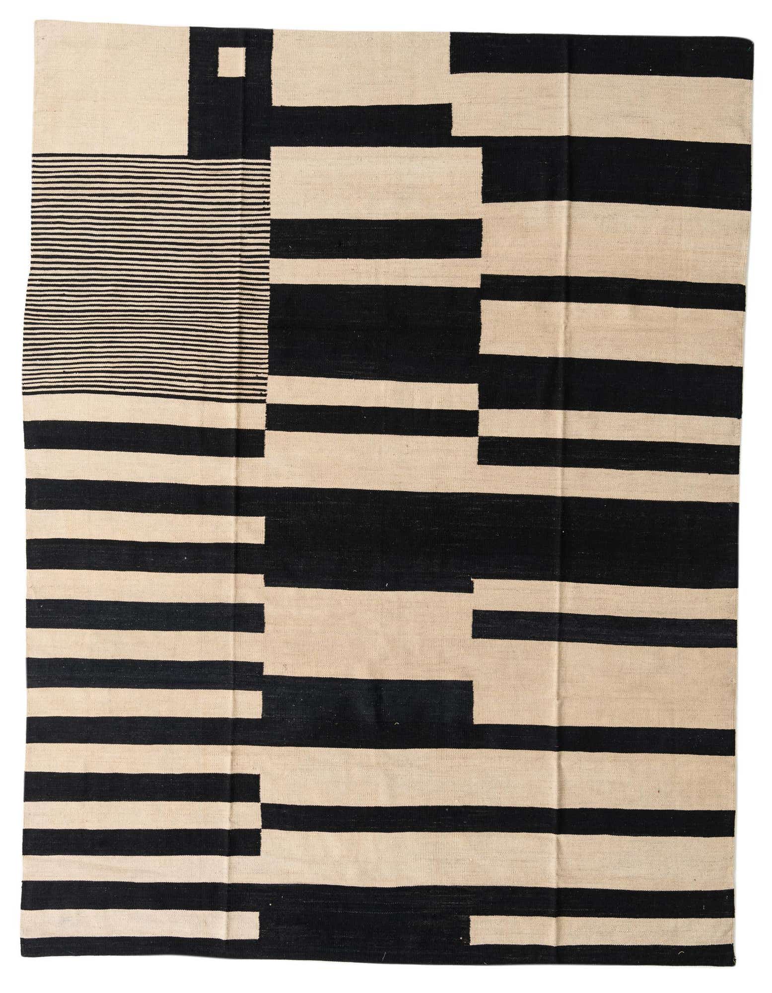An 8x10 rectangular ivory and black flatweave rug with a modern tribal abstract pattern of horizontal stripes and blocks.
