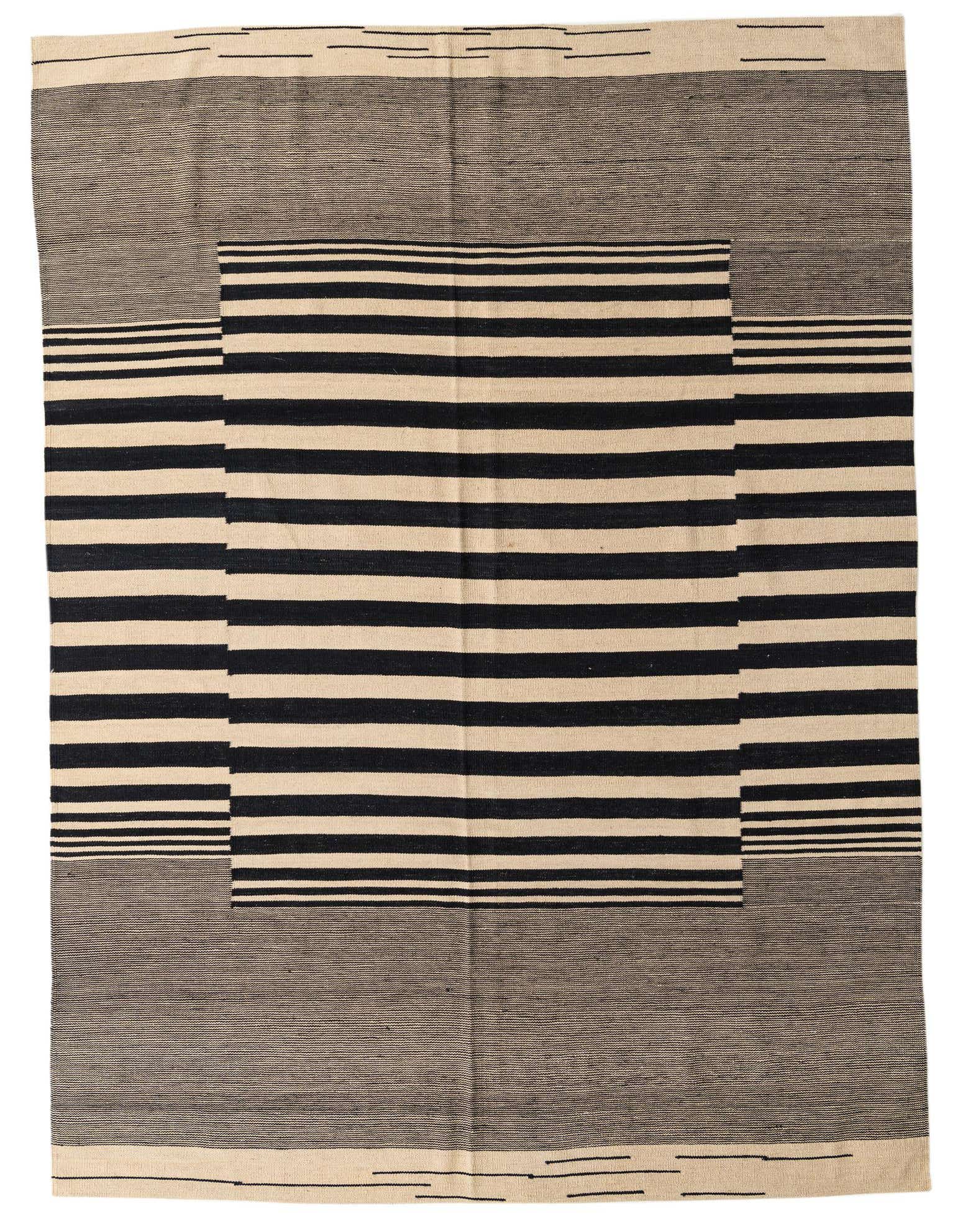 A 7x10 rectangular ivory and black flatweave rug with a modern tribal striped pattern, ideal for a living room.