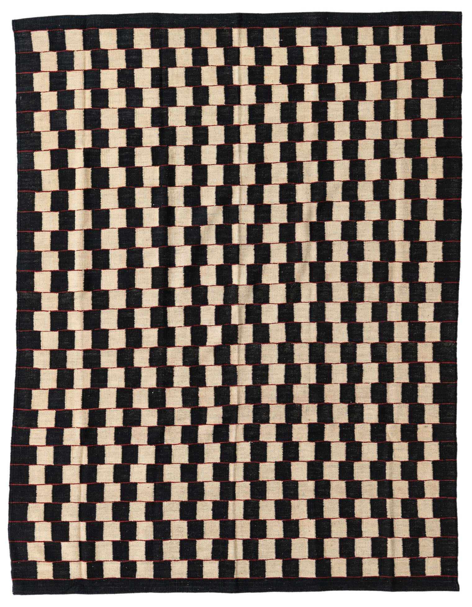 A 5x8 rectangular Kilim Modern rug with a black and ivory checkerboard pattern, featuring thin red accent lines.