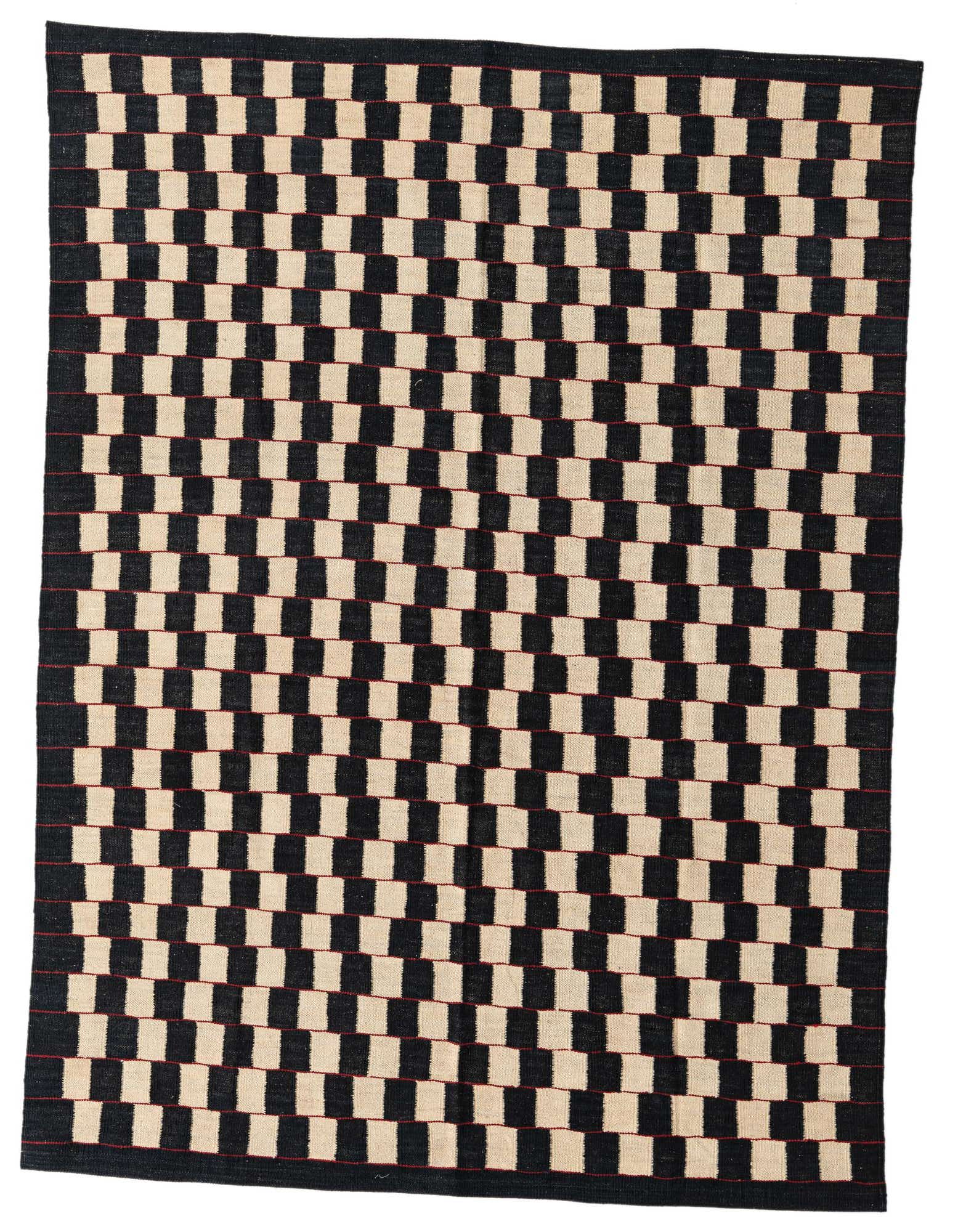 A 5x8 rectangular Kilim Modern rug with a checkerboard pattern of ivory and black squares, accented by thin red lines.