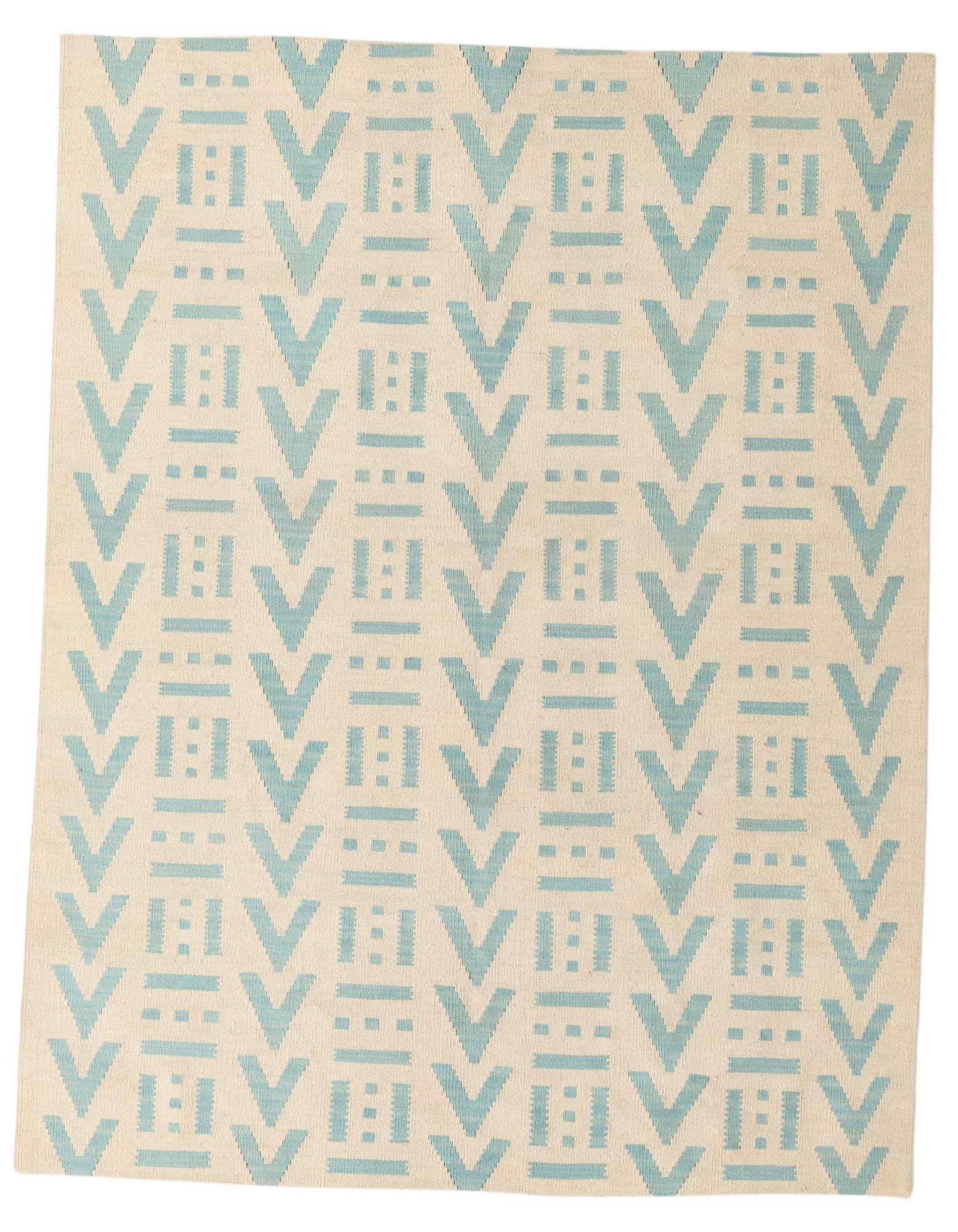 A 5x8 rectangular ivory wool rug with a repeating pattern of light blue tribal V-shapes and horizontal lines.