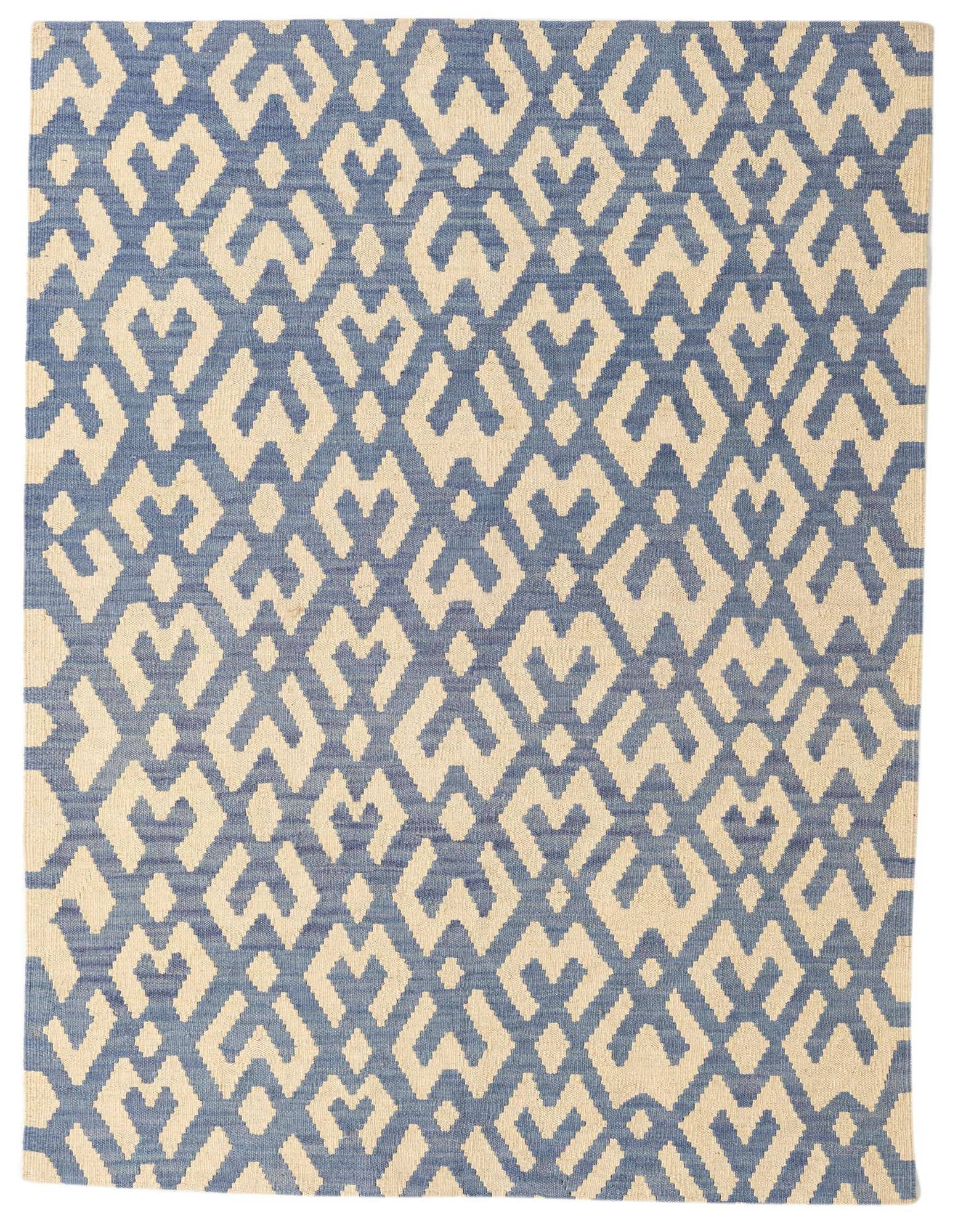 A 4x6 rectangular Kilim Modern wool rug featuring an ivory and blue tribal geometric pattern, suitable for various indoor spaces.
