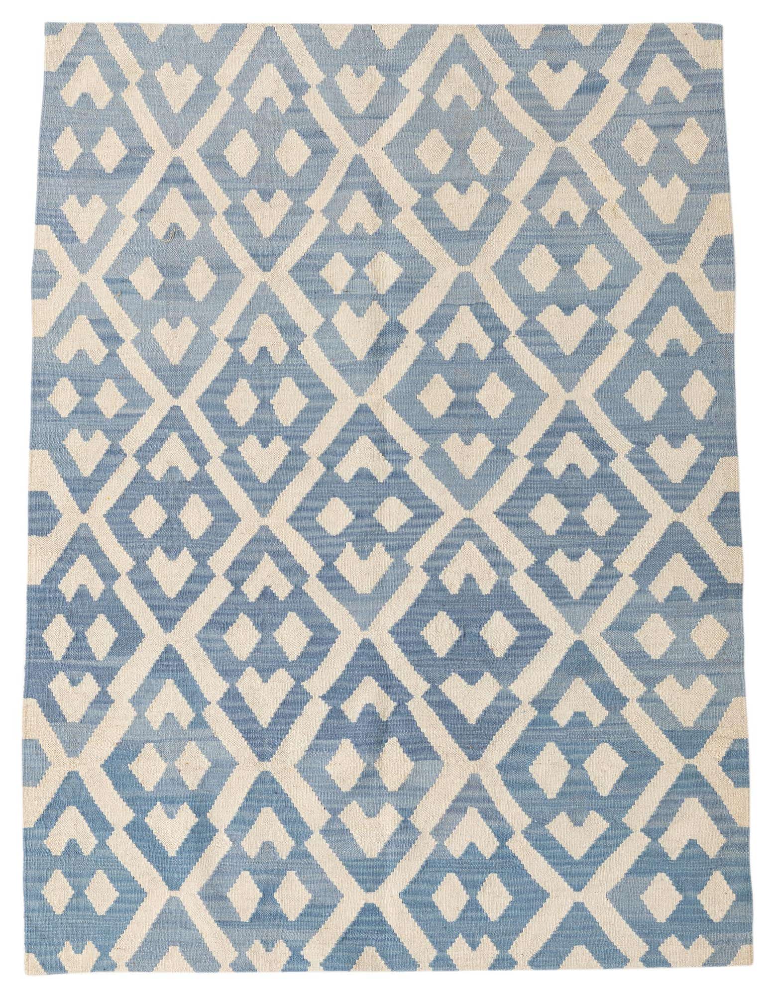 A 4x6 rectangular flatweave rug featuring a tribal geometric pattern in shades of blue and ivory.