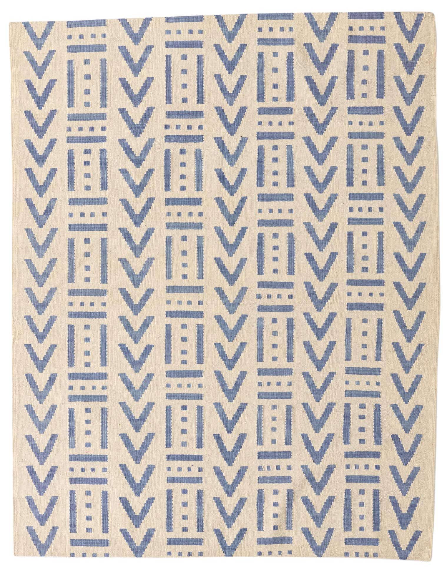 A 5x8 rectangular ivory flatweave rug with a repeating modern tribal pattern in shades of blue.