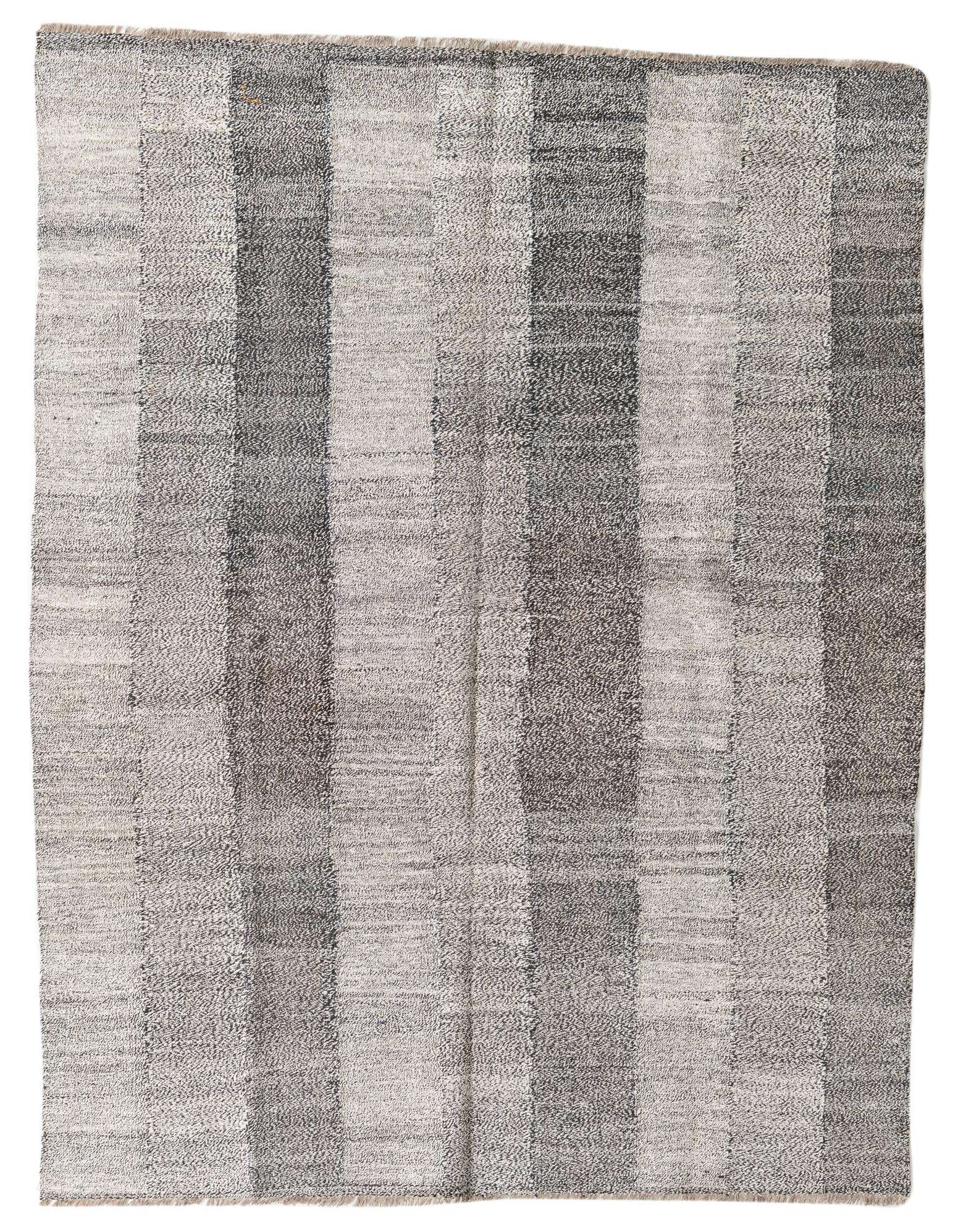 A 5x8 rectangular Kilim Modern rug with alternating vertical stripes in varying shades of ivory and cream, showcasing its flatweave texture.