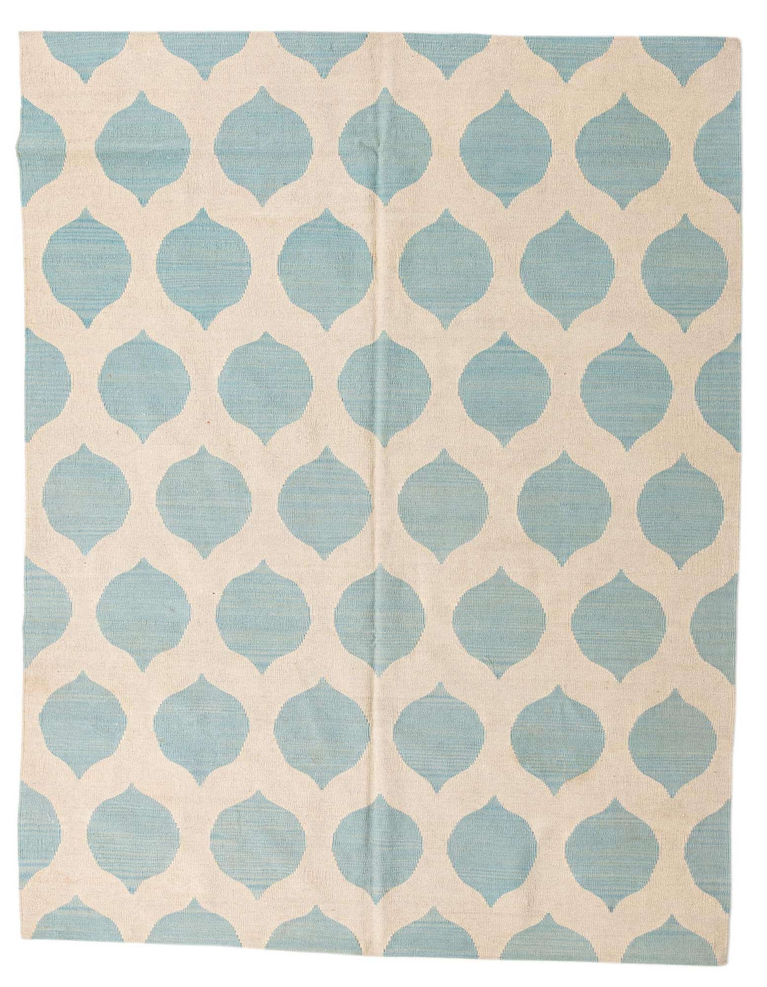 A 6x9 rectangular flatweave rug featuring a repeating modern tribal pattern in light blue and cream.