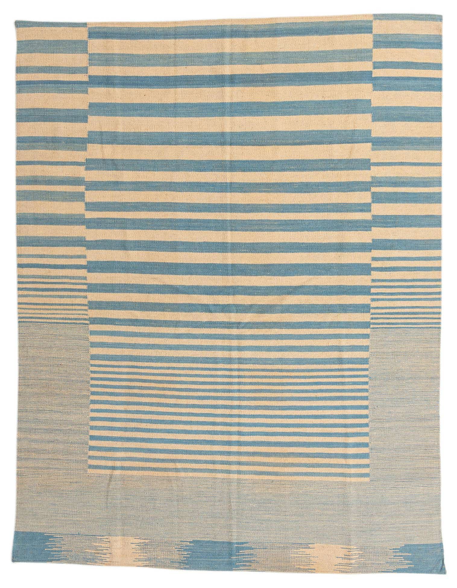 A 5x8 rectangular flatweave rug featuring a modern tribal pattern of thick and thin blue stripes on an ivory background.